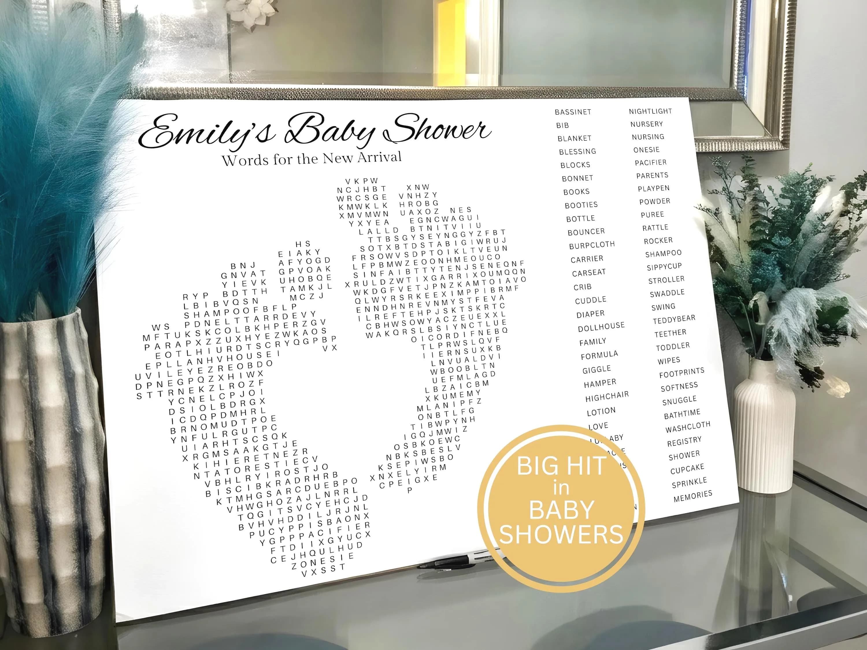 Custom baby-feet-shaped word search puzzle poster for a personalized baby shower game