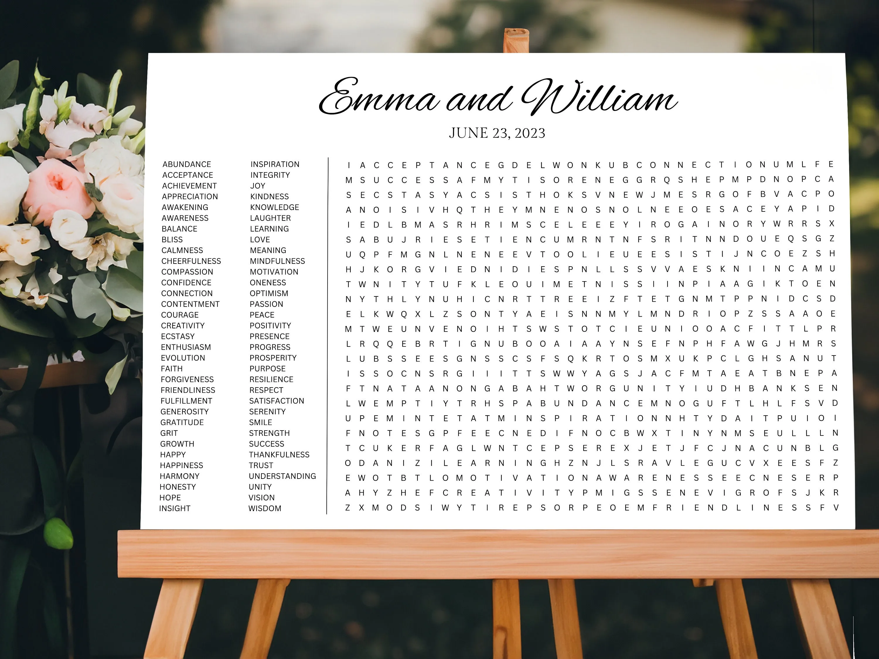 Custom personalized bachelorette party word search puzzle poster built around the bride's name and inside jokes