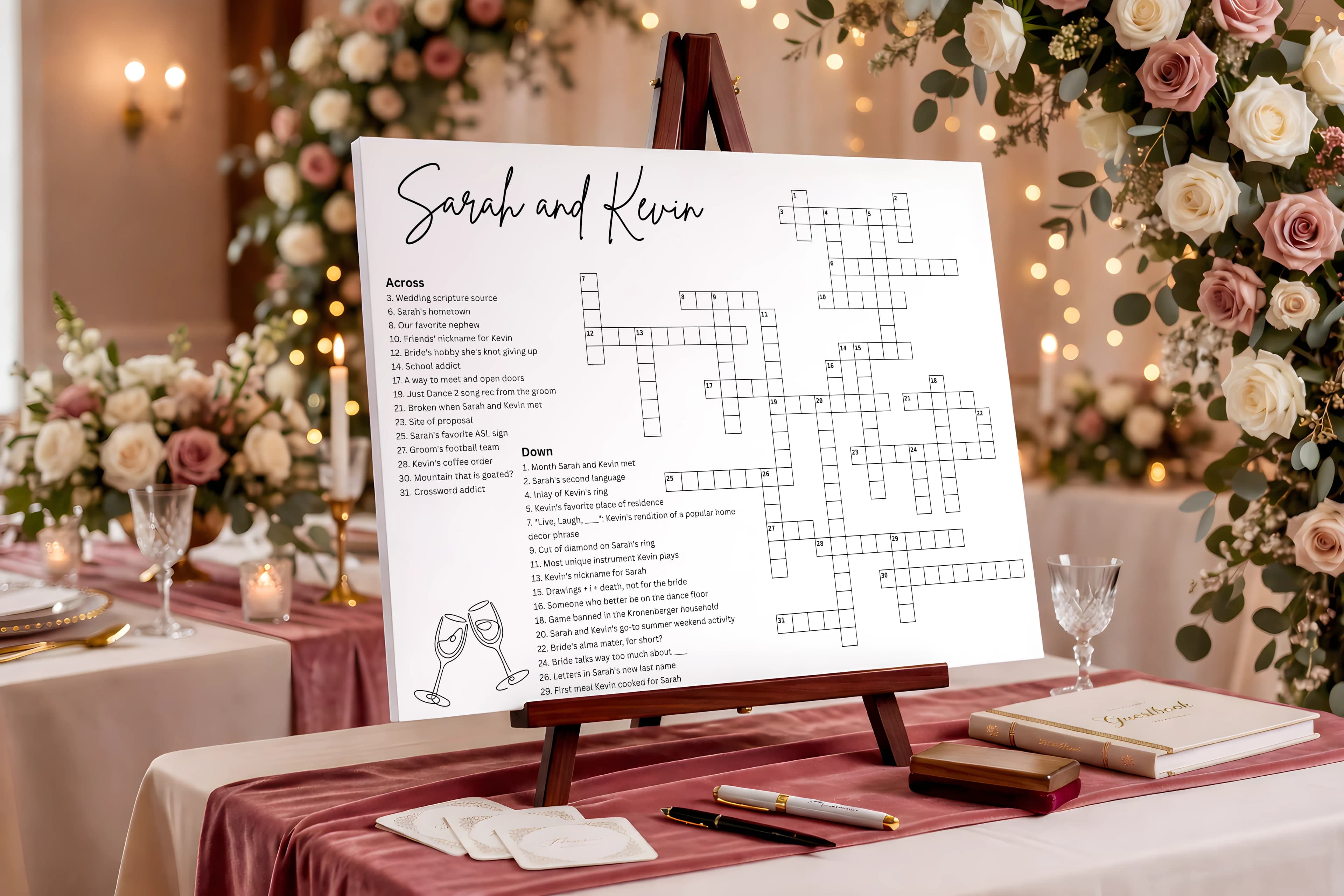 Wedding crossword puzzle on dry erase foam board easel at reception