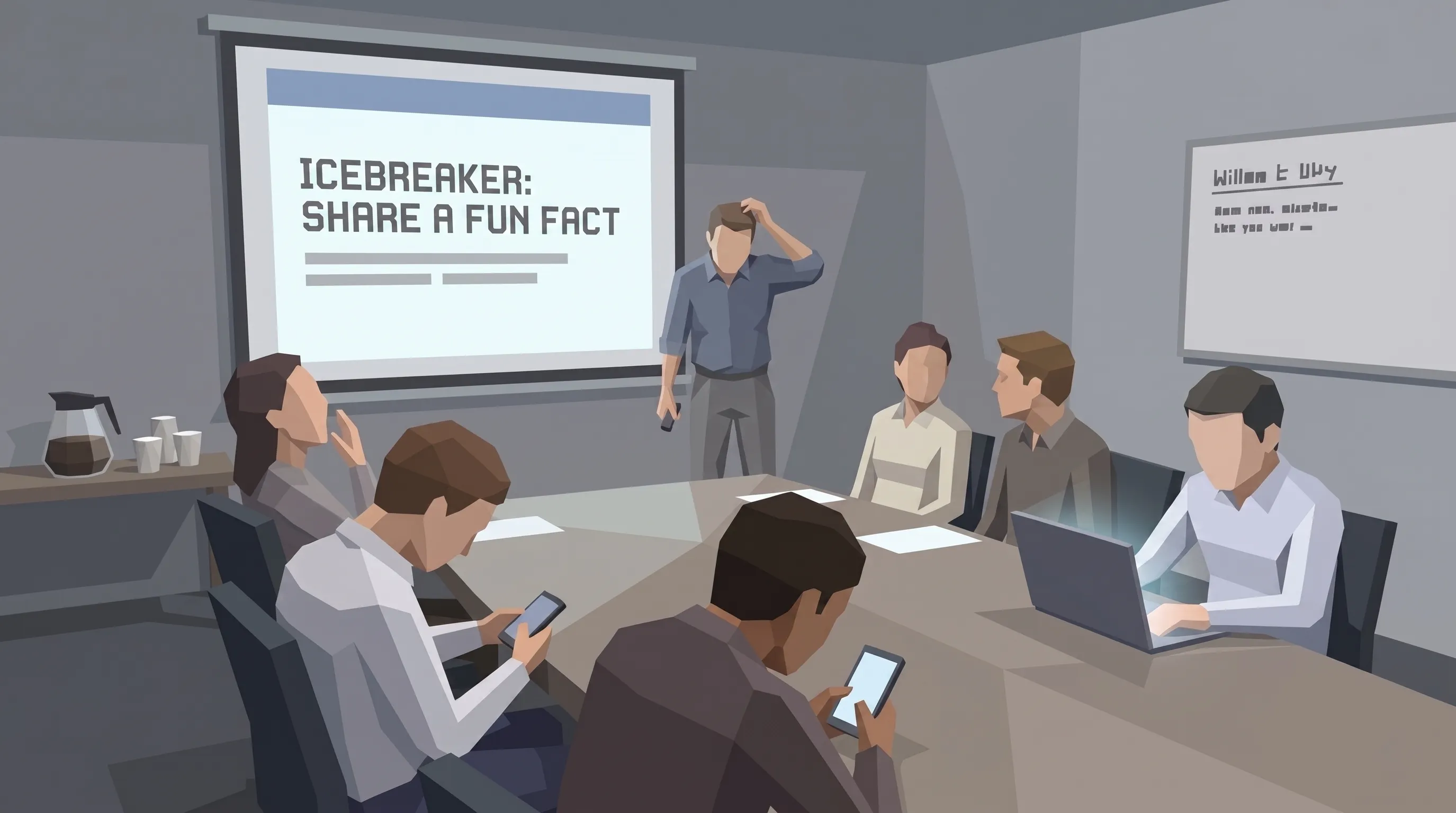 A presenter scratching his head in front of an 'Icebreaker: Share a Fun Fact' slide while attendees look at their phones