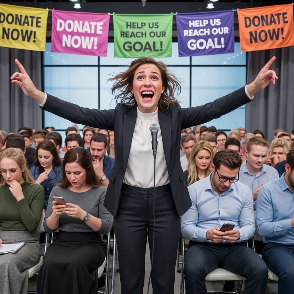 An enthusiastic fundraising speaker addresses a crowd of attendees scrolling their phones under 'Donate Now' banners
