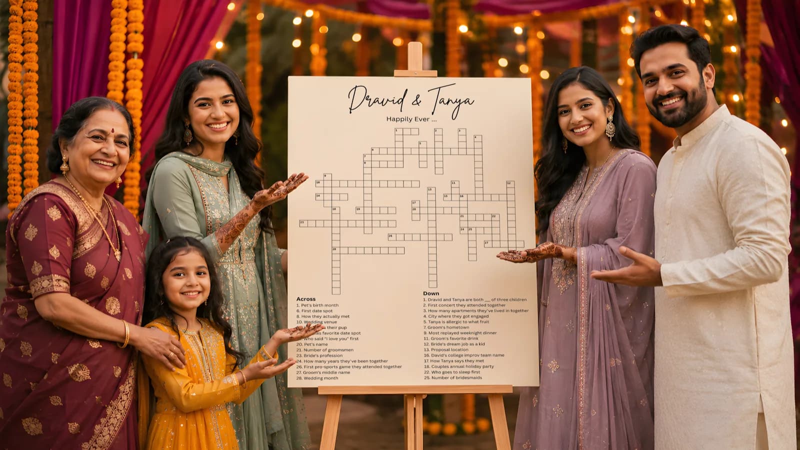 A multi-generational Indian family gathers around a personalized wedding crossword puzzle poster at a mehndi celebration