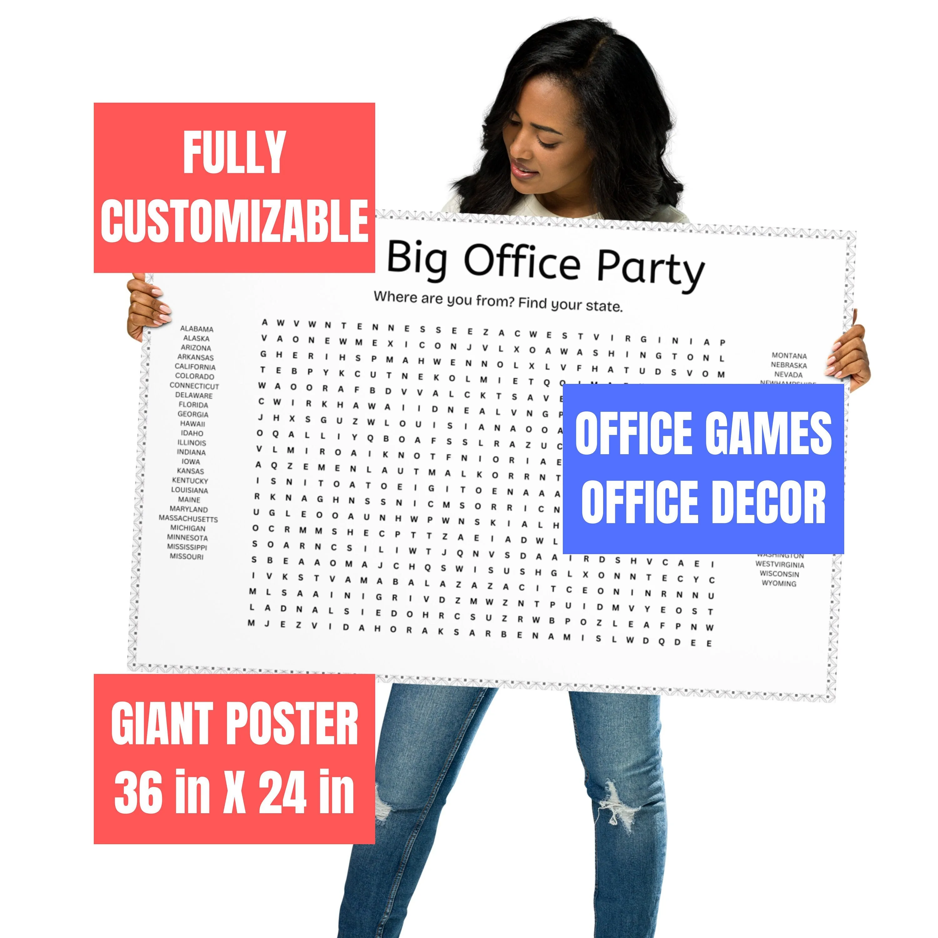 Giant custom word search poster used as an office party team-building game