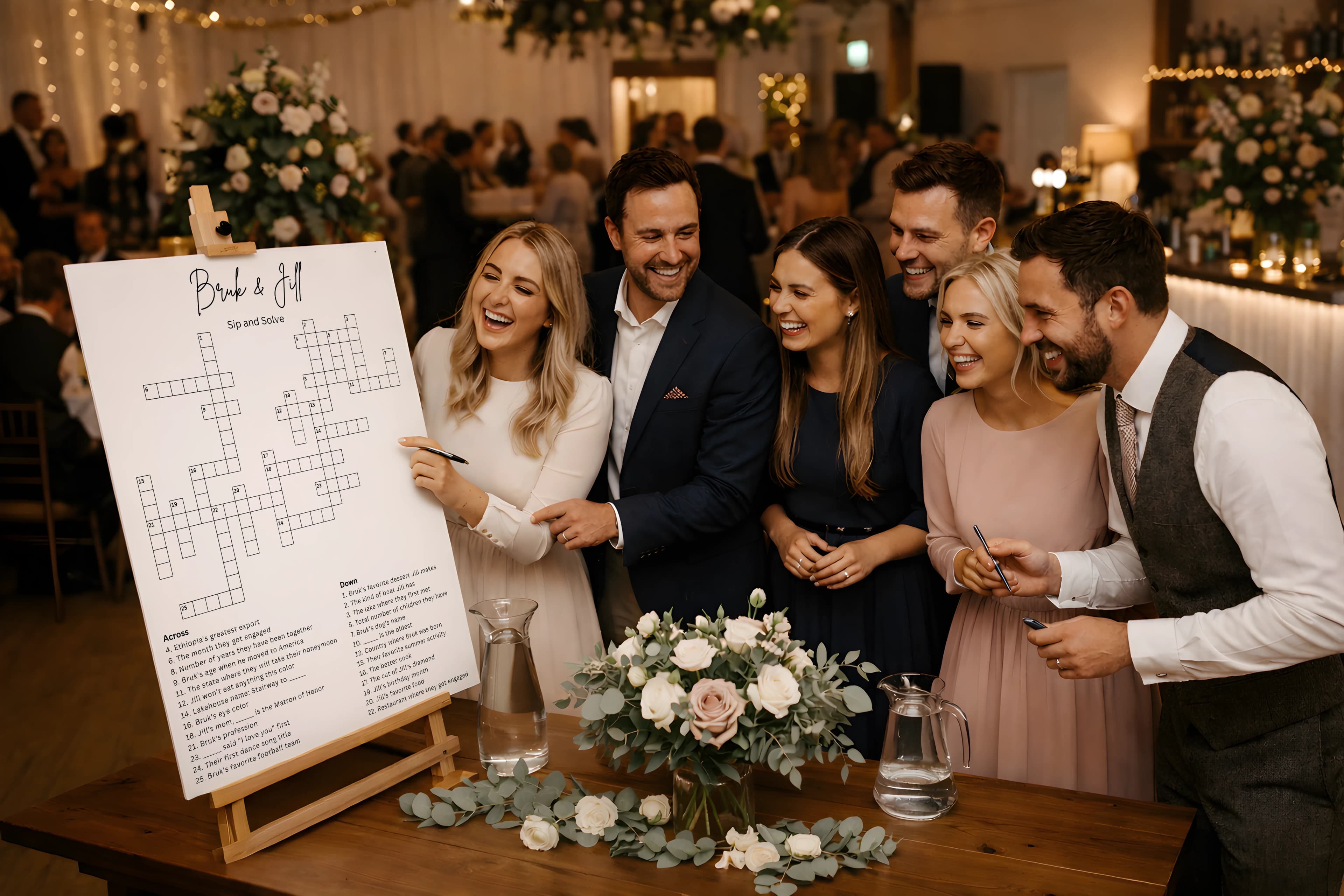 Guests laughing and solving a giant personalized crossword puzzle at a wedding social hour