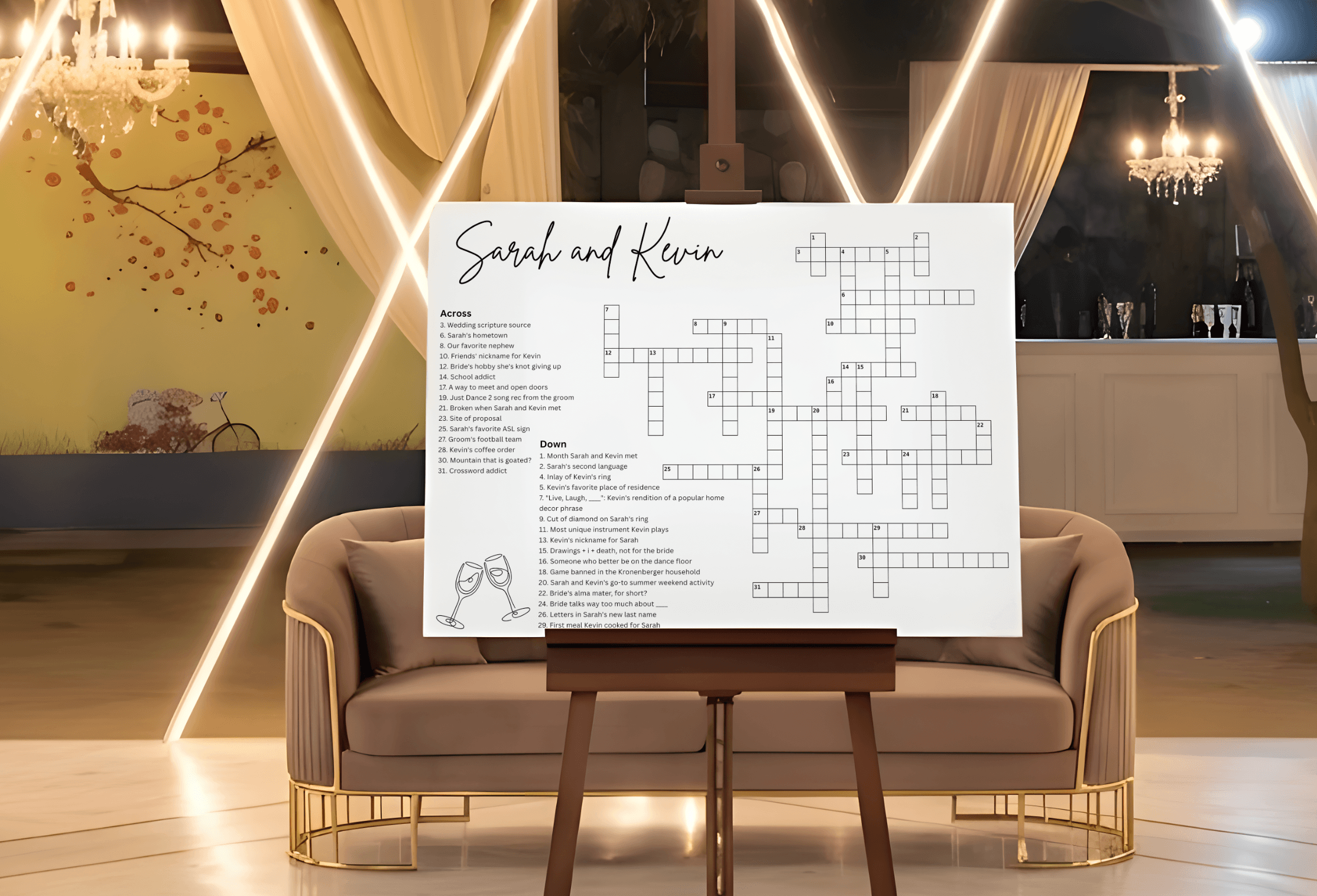 Custom wedding crossword puzzle for Sarah and Kevin displayed on an easel in a wedding reception venue