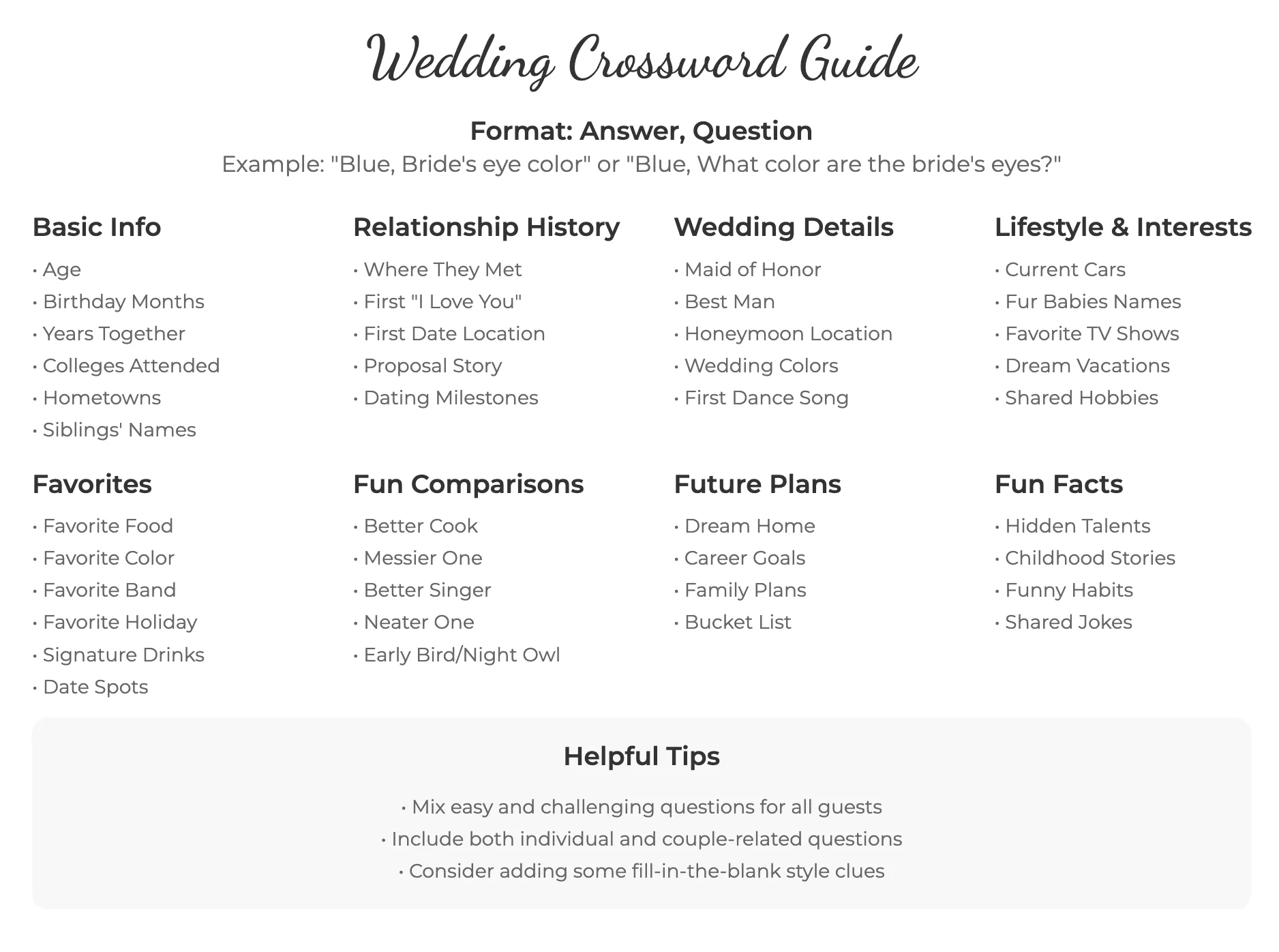 Wedding crossword puzzle clue ideas and examples