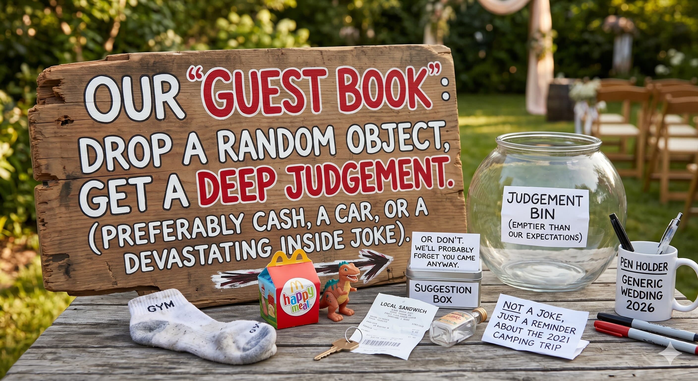 Humorous wedding guest book alternative — a rustic sign reads 'Drop a random object, get a deep judgement' with quirky props on an outdoor table