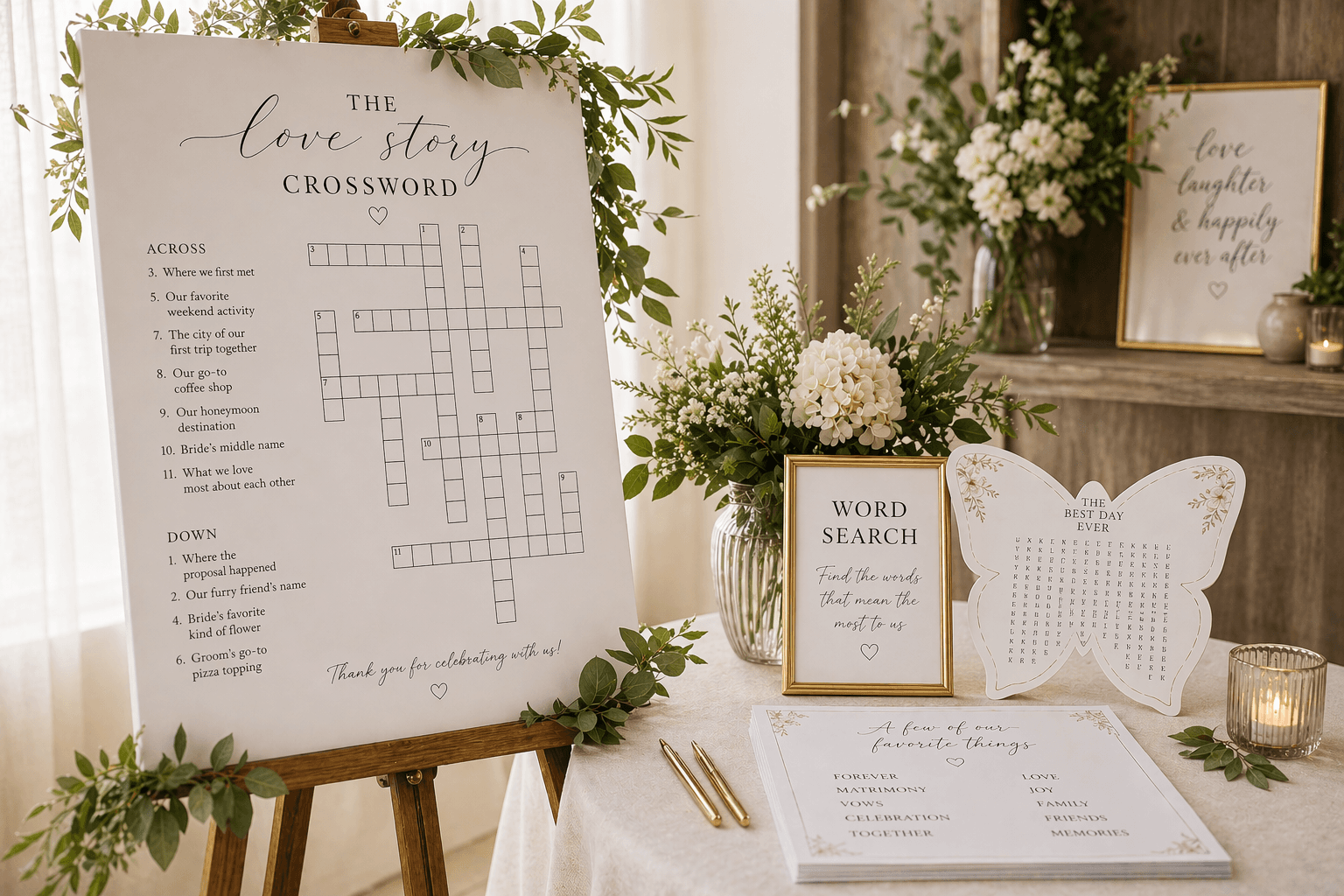 Wedding crossword and word search place settings on a reception table
