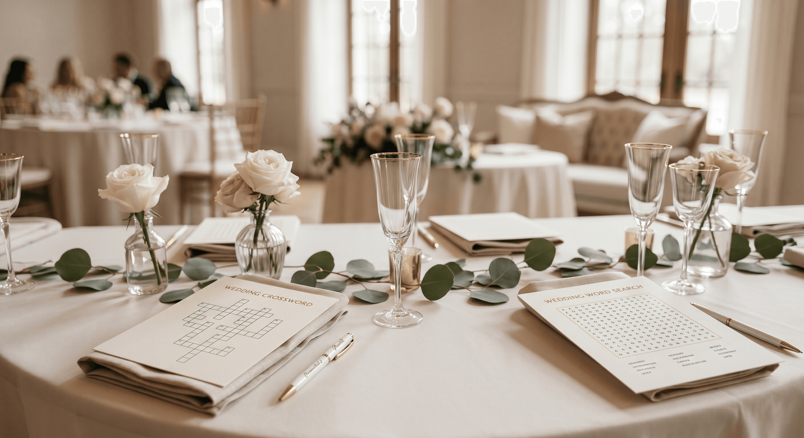 Wedding crossword and word search place settings on a beautifully styled reception table