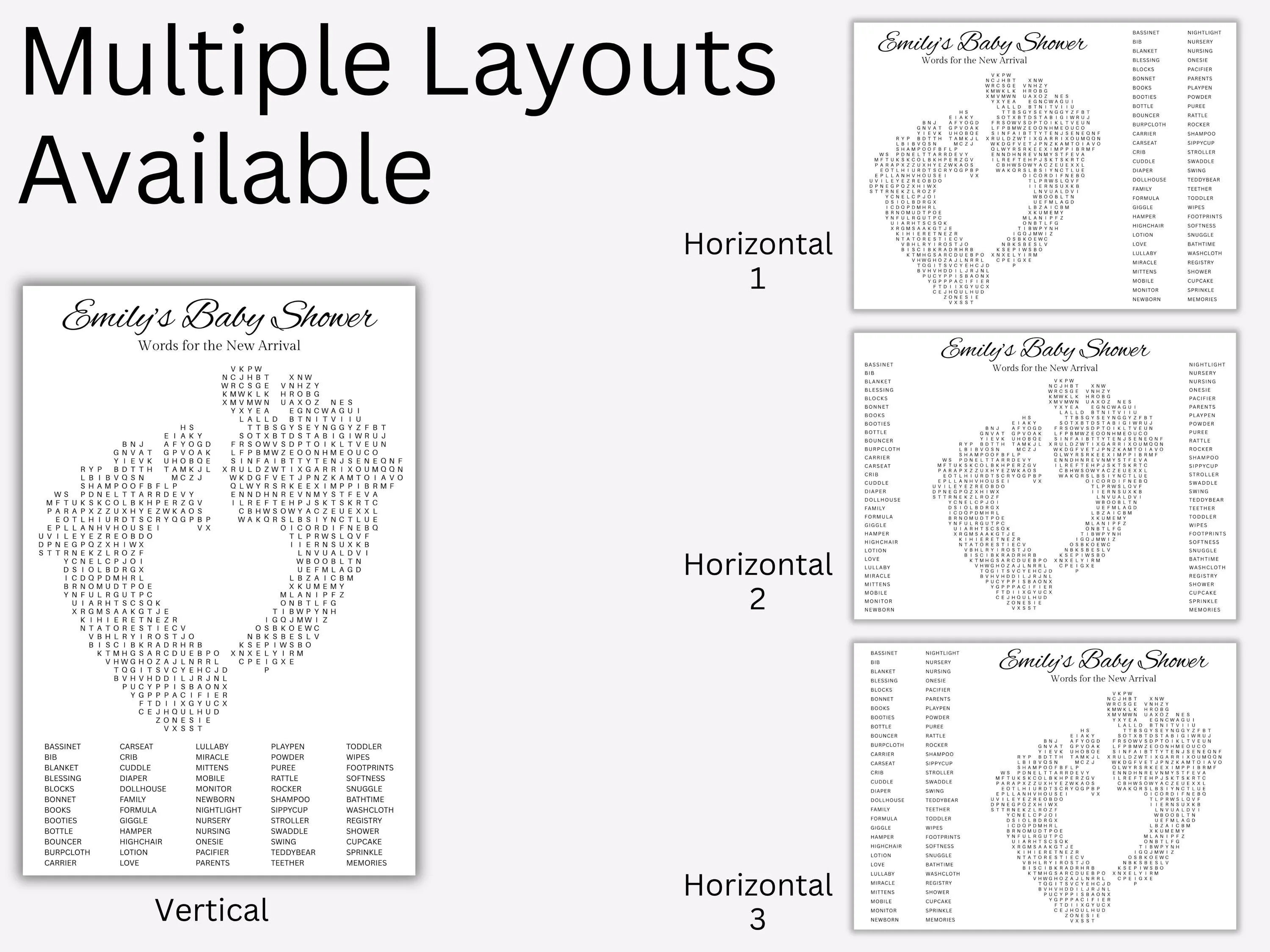 Personalized baby shower word search puzzle with custom shape and word list