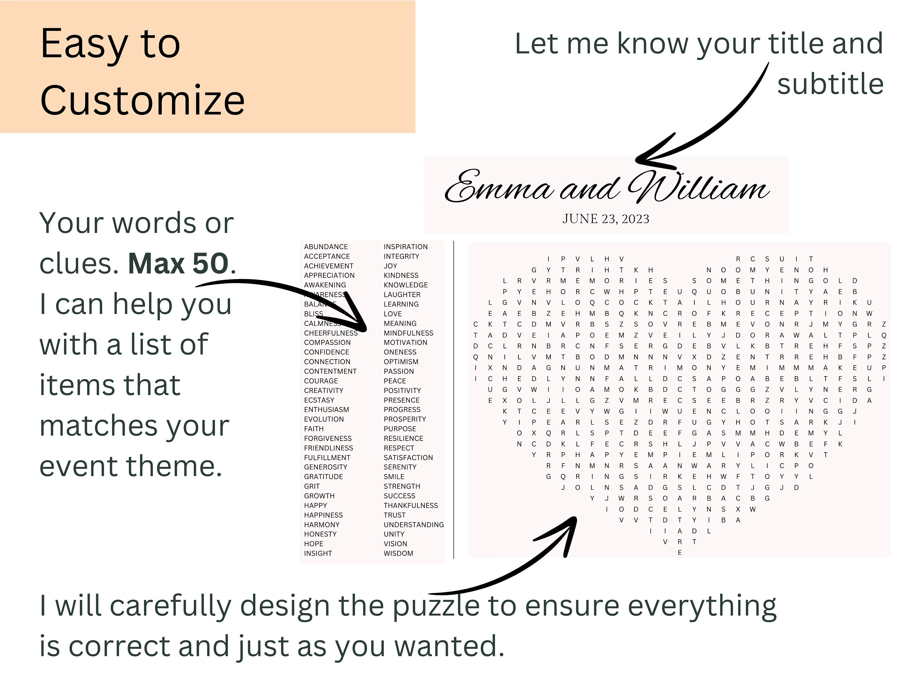 Bridal shower word search puzzle close-up