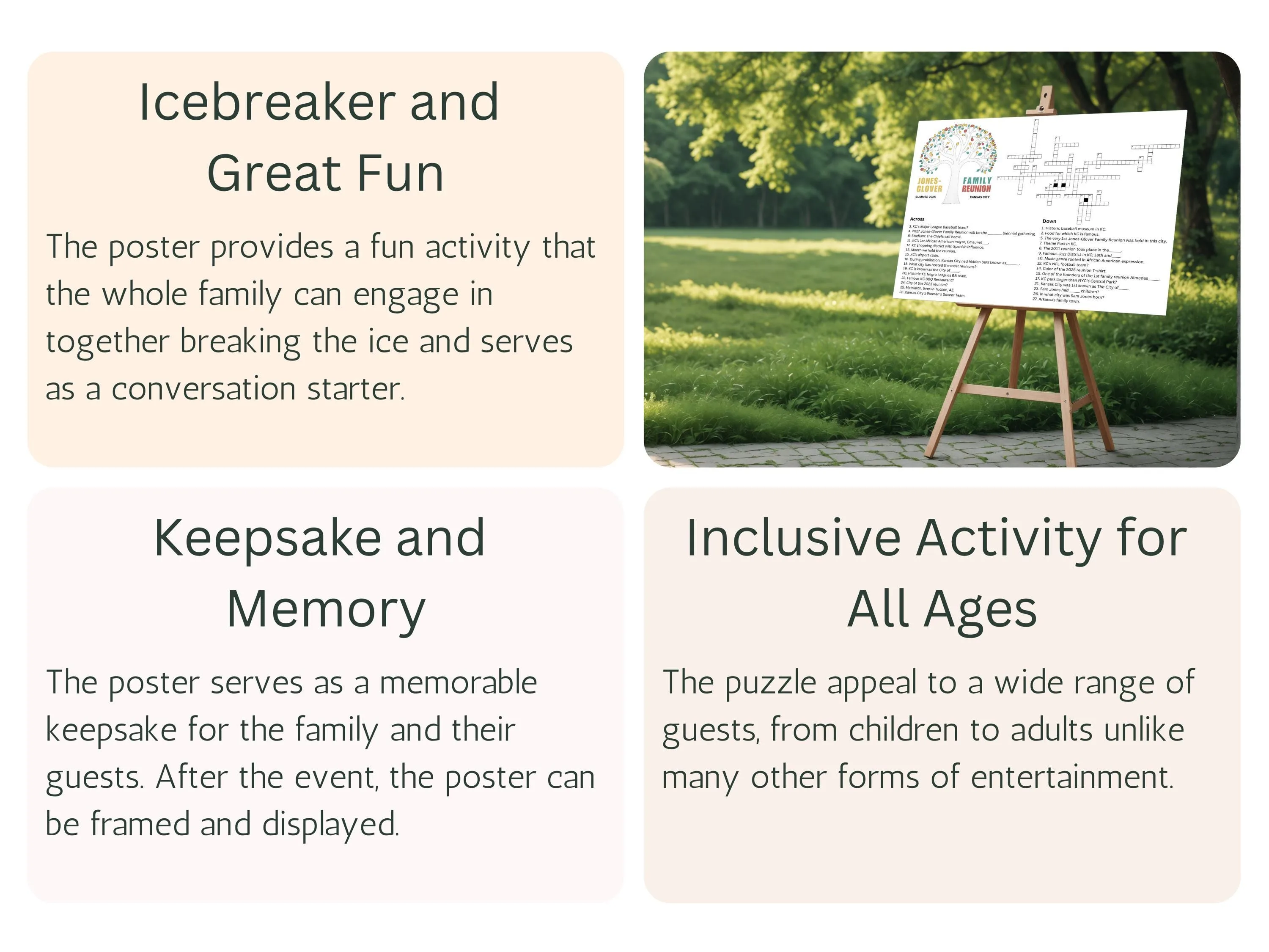 Custom family reunion crossword puzzle displayed on an easel