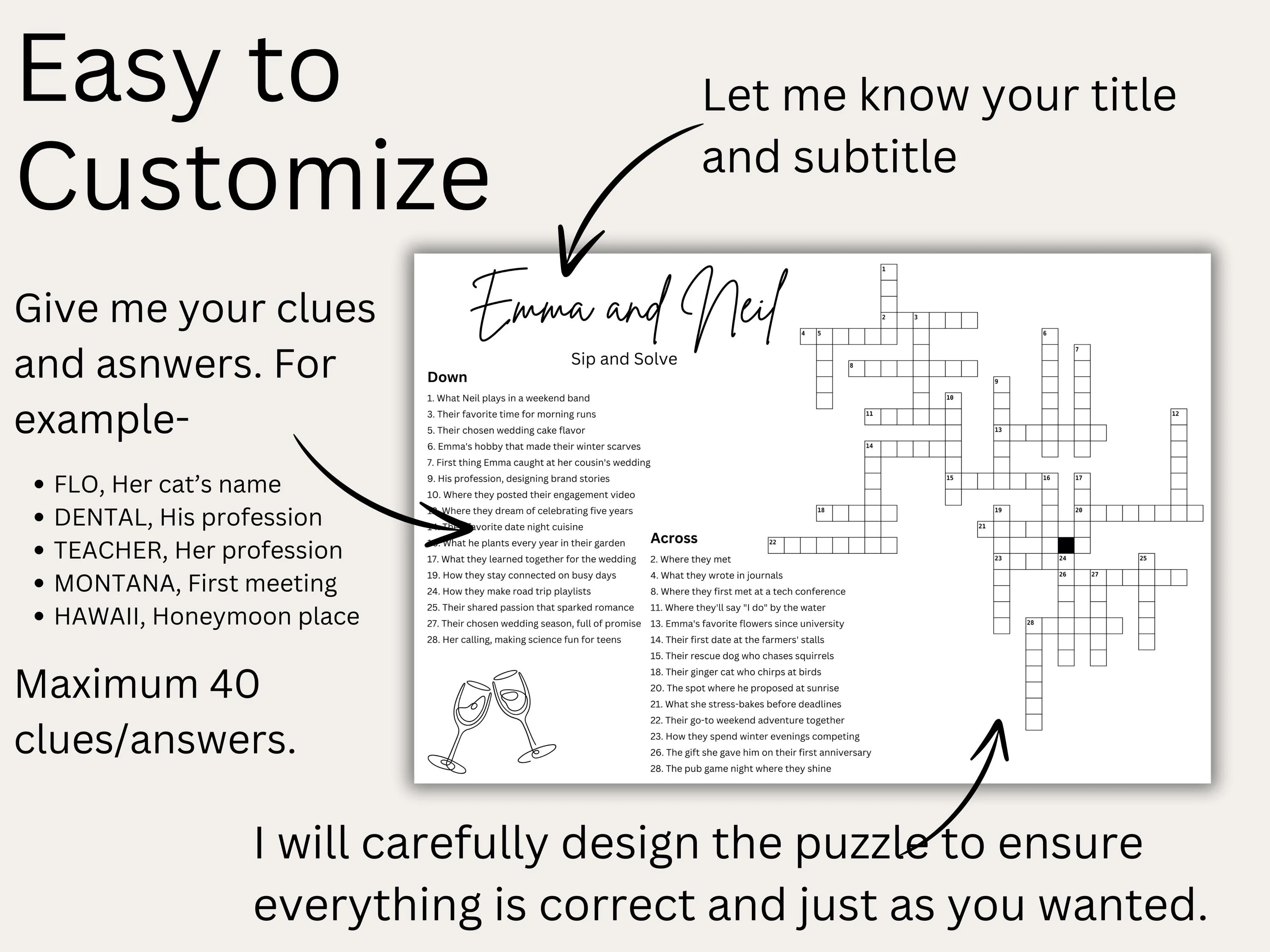 Custom wedding crossword puzzle for reception guests