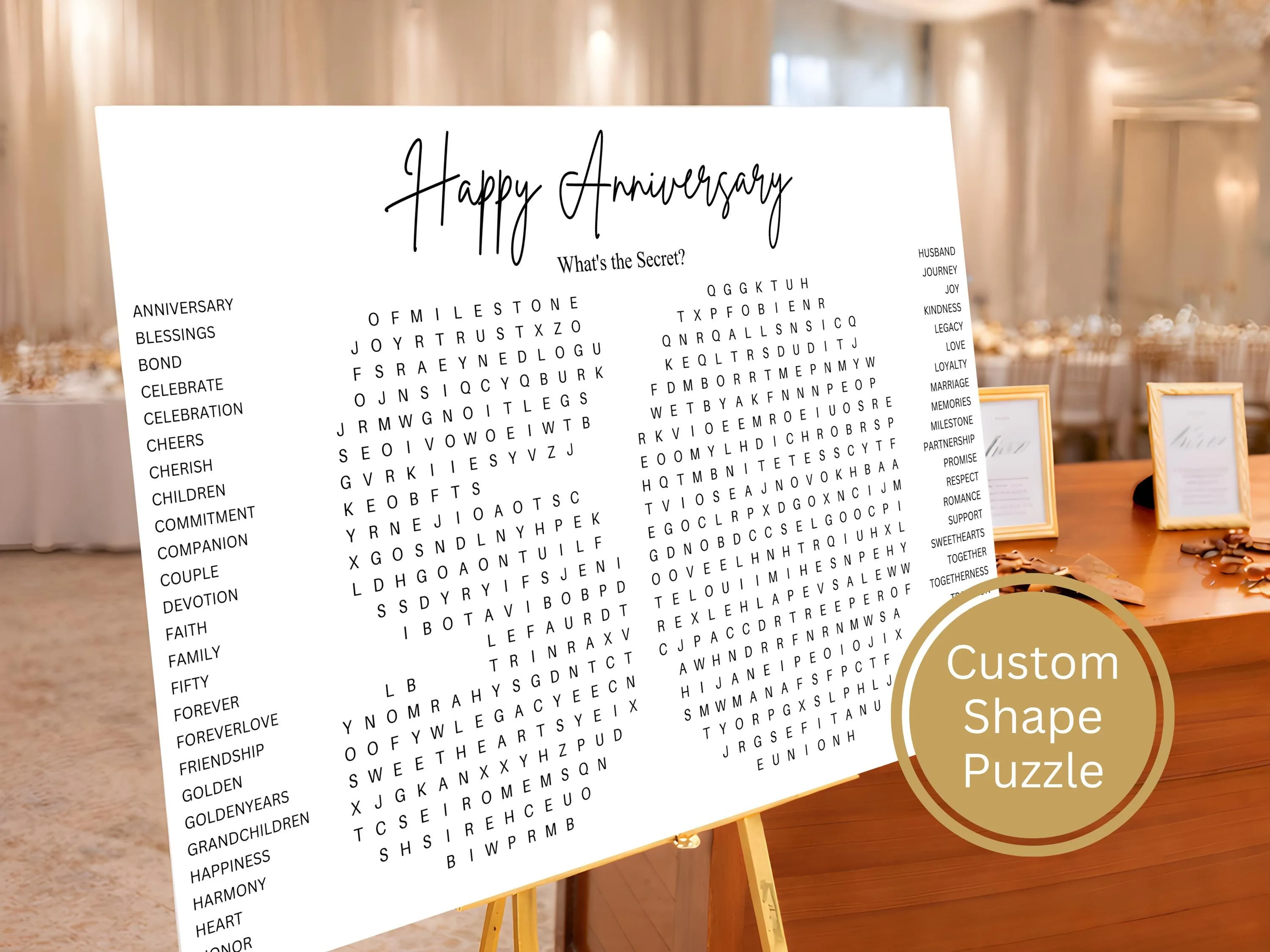 Custom anniversary word search puzzle on easel in reception hall – personalized Happy Anniversary party game