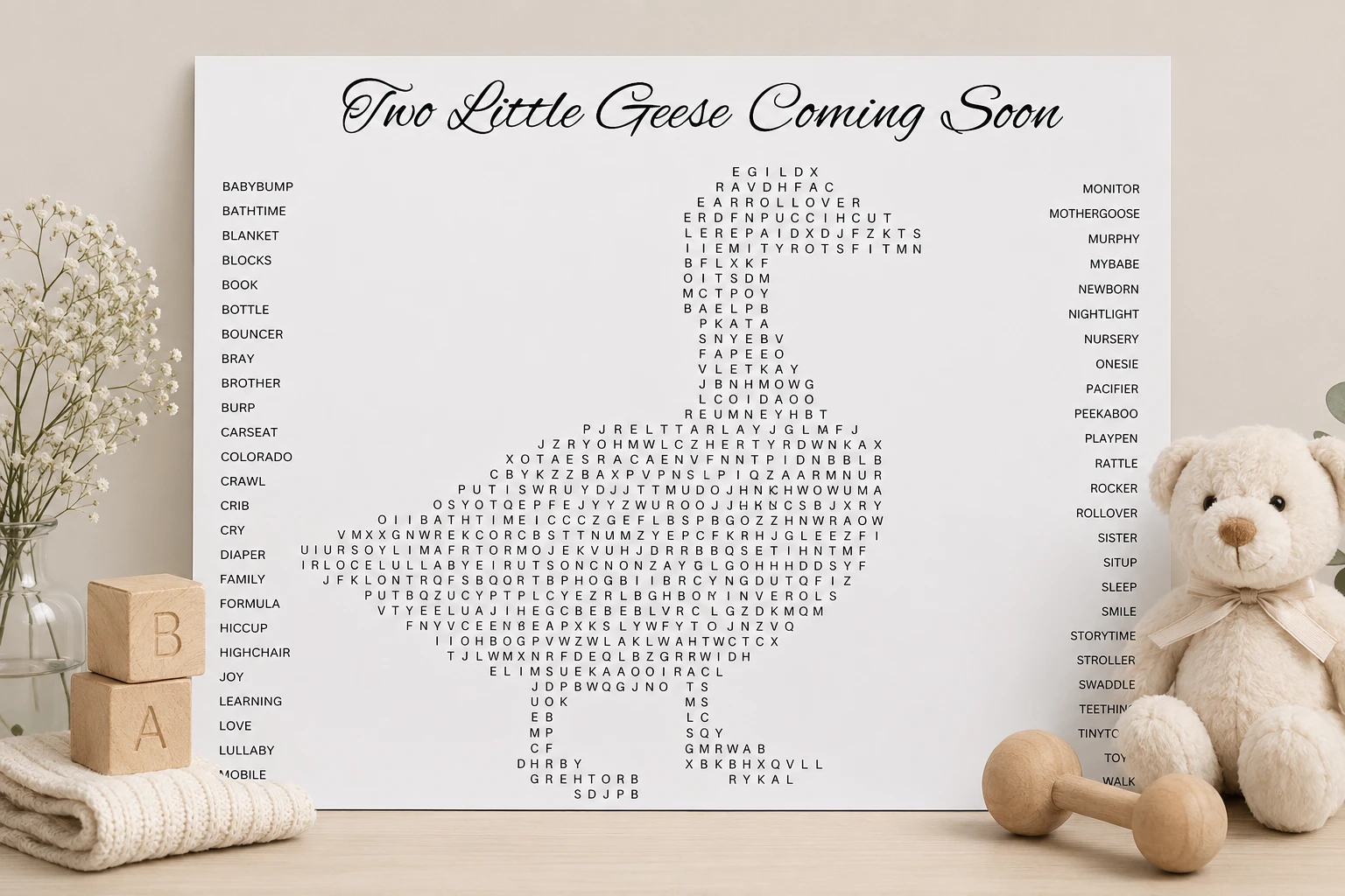 Custom Baby Shower Word Search Puzzle – Shaped Party Game Poster 13