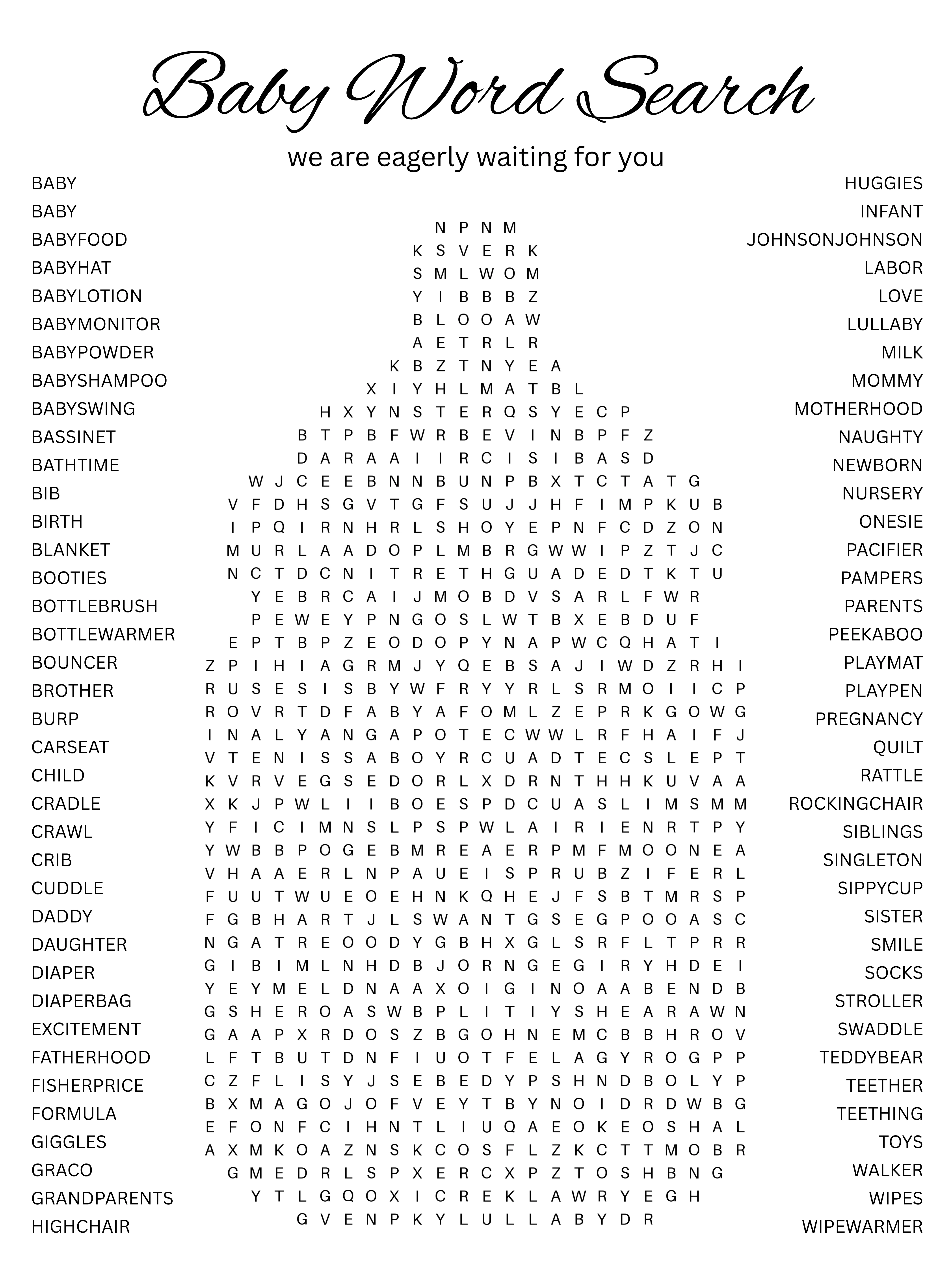 Custom Baby Shower Word Search Puzzle – Shaped Party Game Poster 14