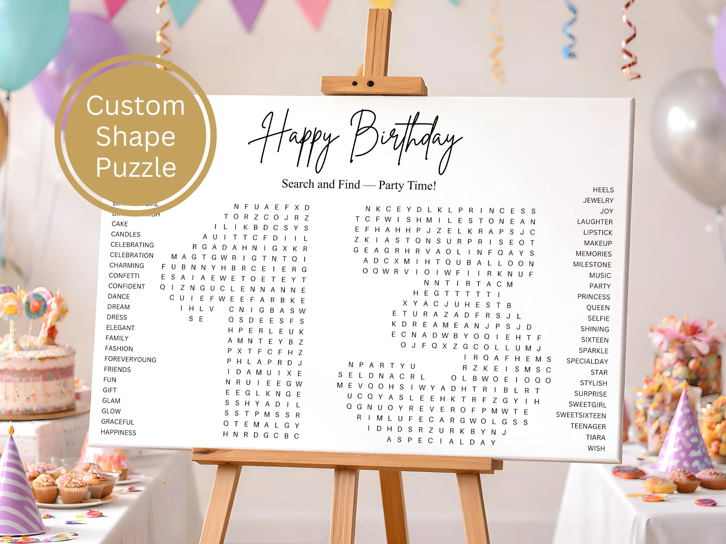 Custom Happy Birthday word search puzzle on easel at colorful party – personalized giant game with balloons and cupcakes