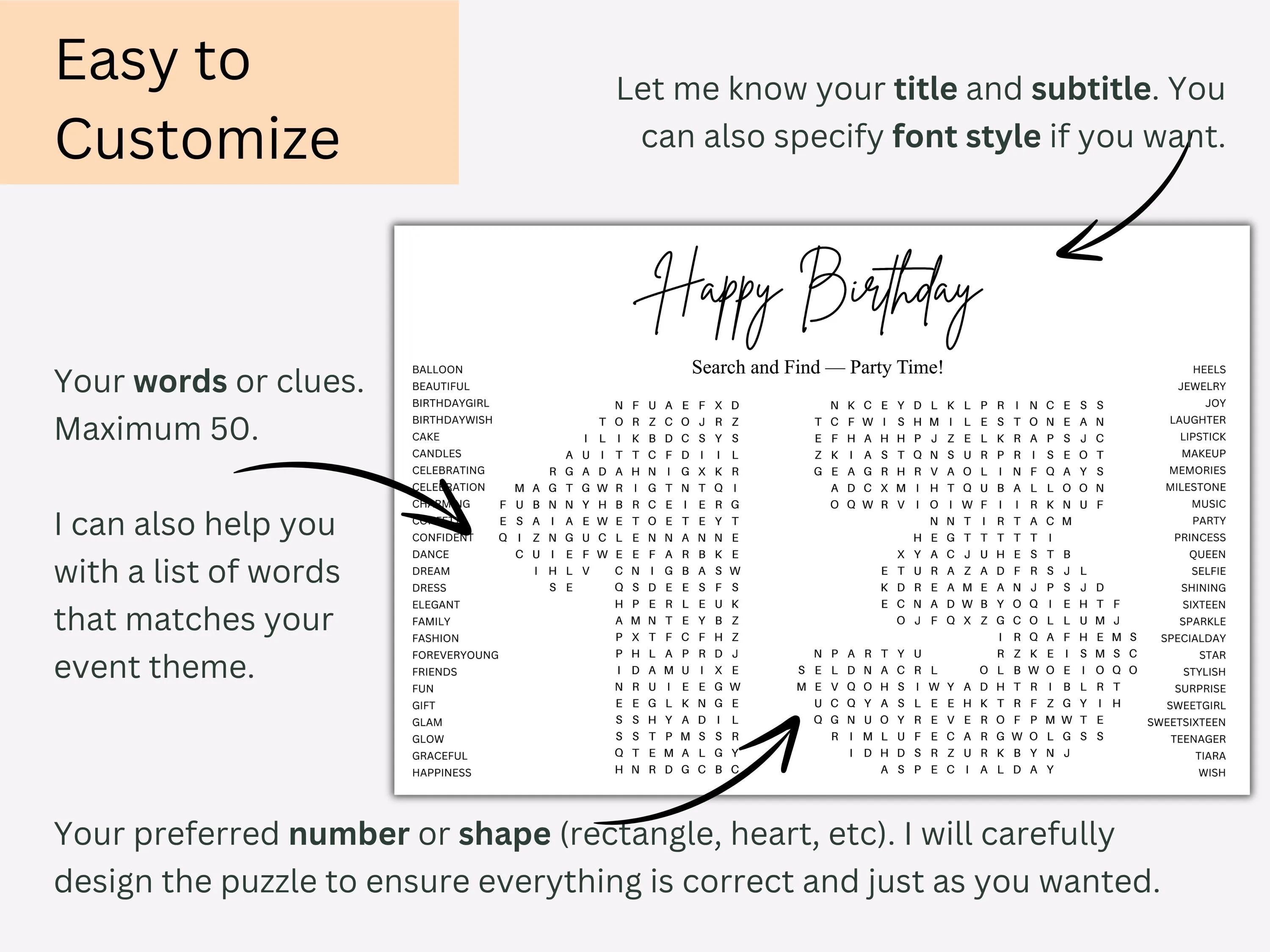 Custom Birthday Number Shape Word Search – Milestone Party Game 2