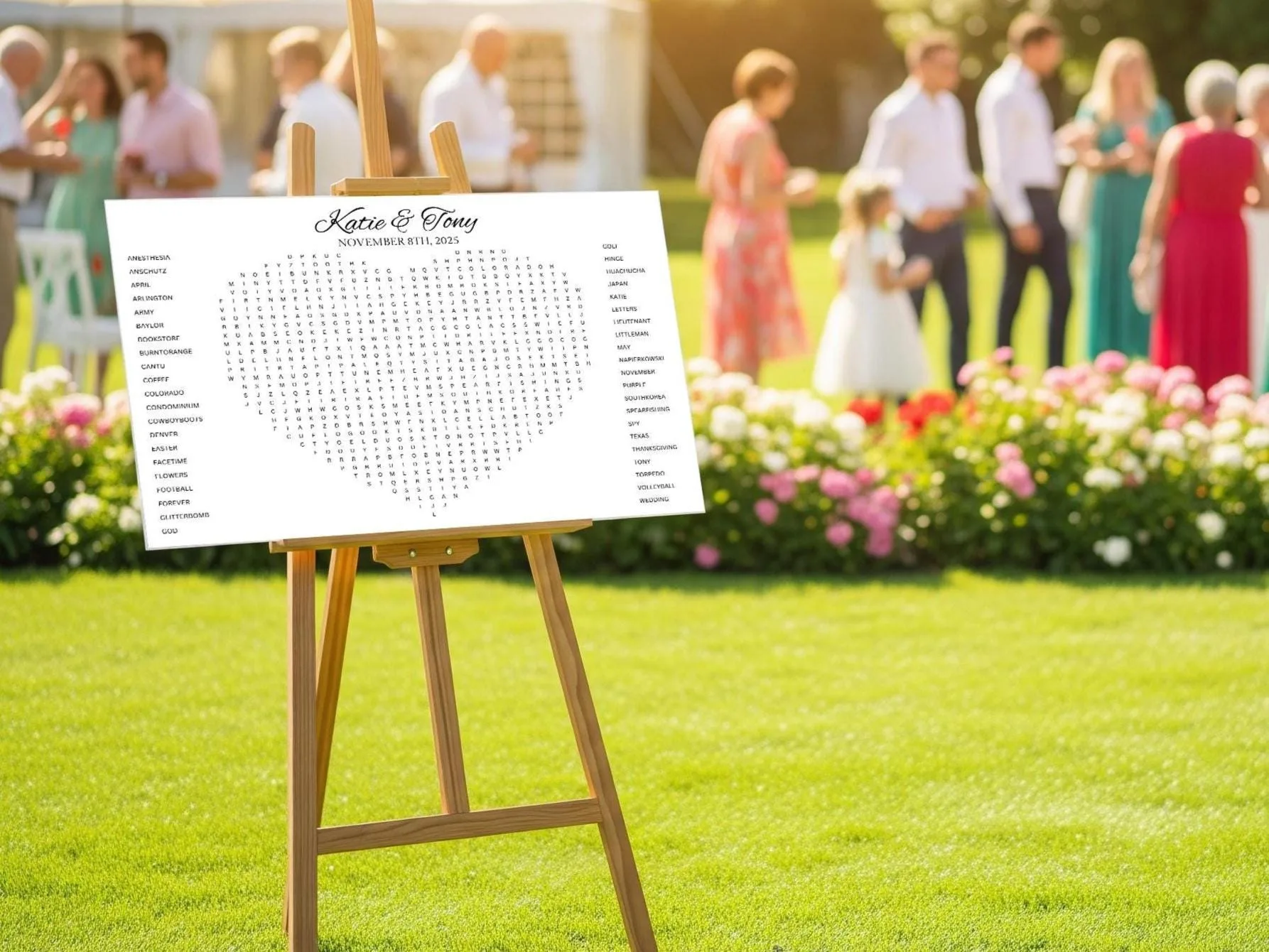 Heart-shaped custom wedding word search on wooden easel at outdoor garden ceremony – personalized bridal shower game