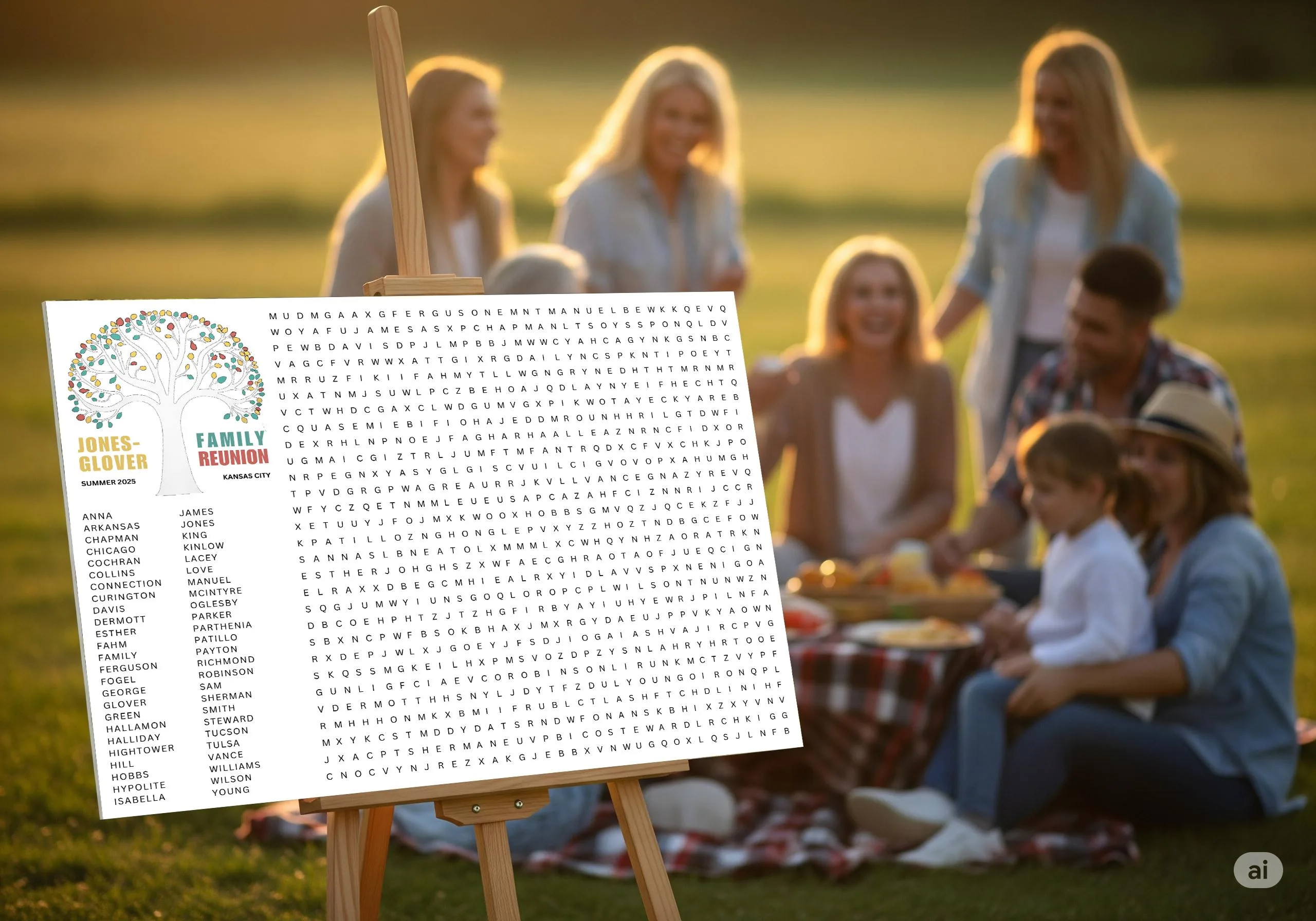 Custom class reunion word search puzzle on easel – multi-generational family picnicking outdoors at golden hour