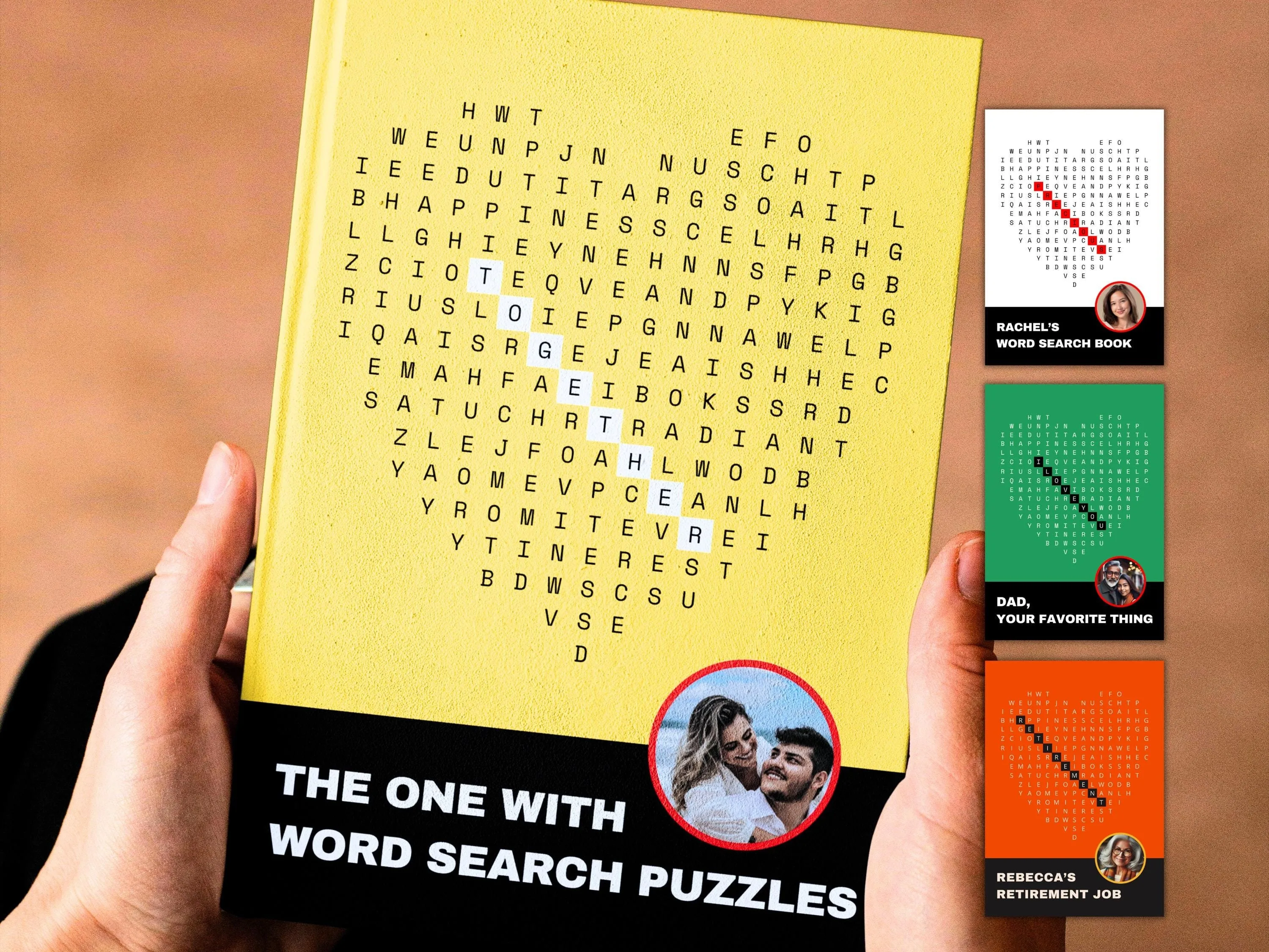 Hands holding yellow hardcover custom one-word love story book with heart-shaped word search puzzle and romantic couple photo