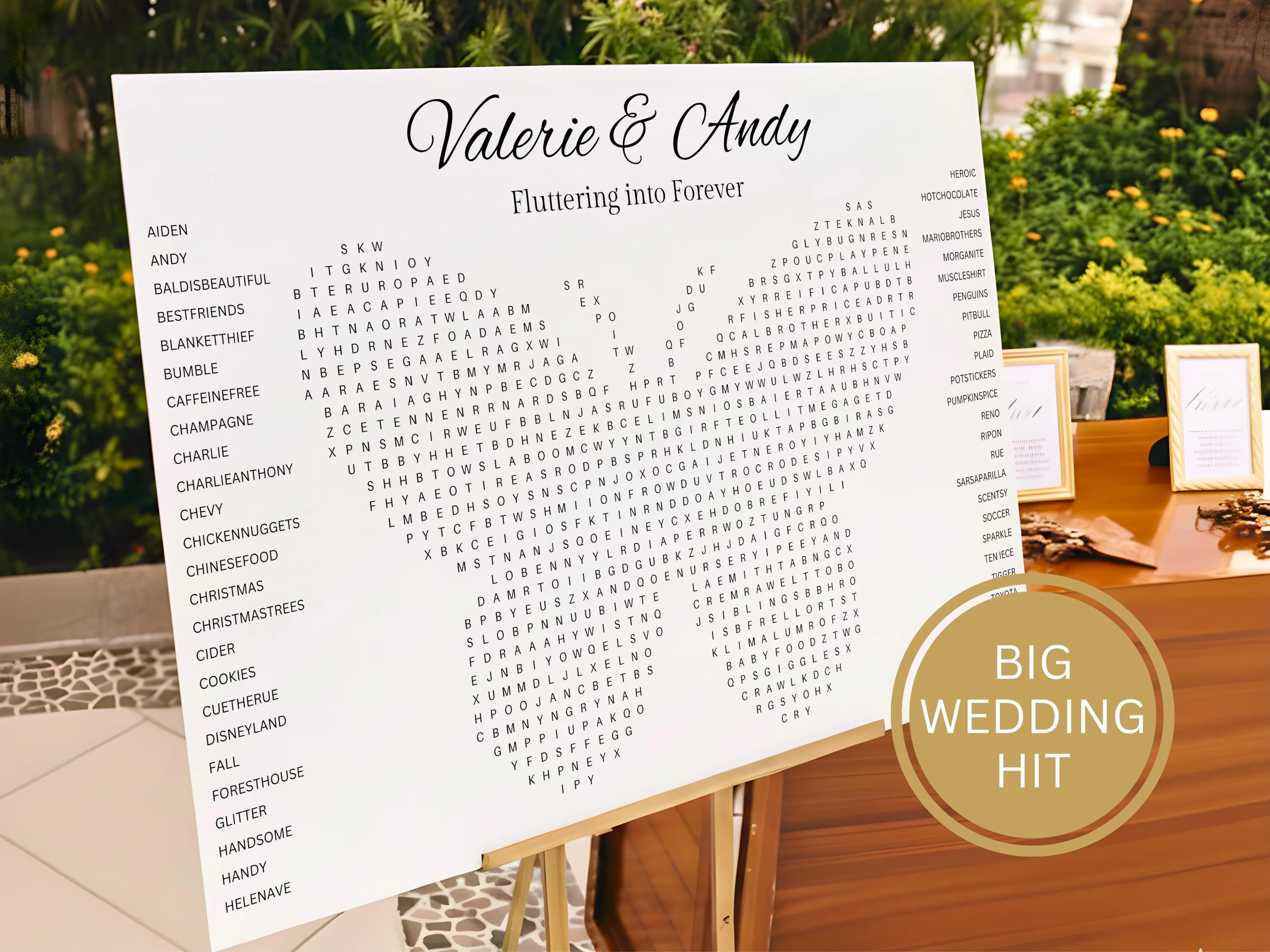 Heart-shaped custom wedding word search on easel at outdoor tropical reception – personalized giant rehearsal party game