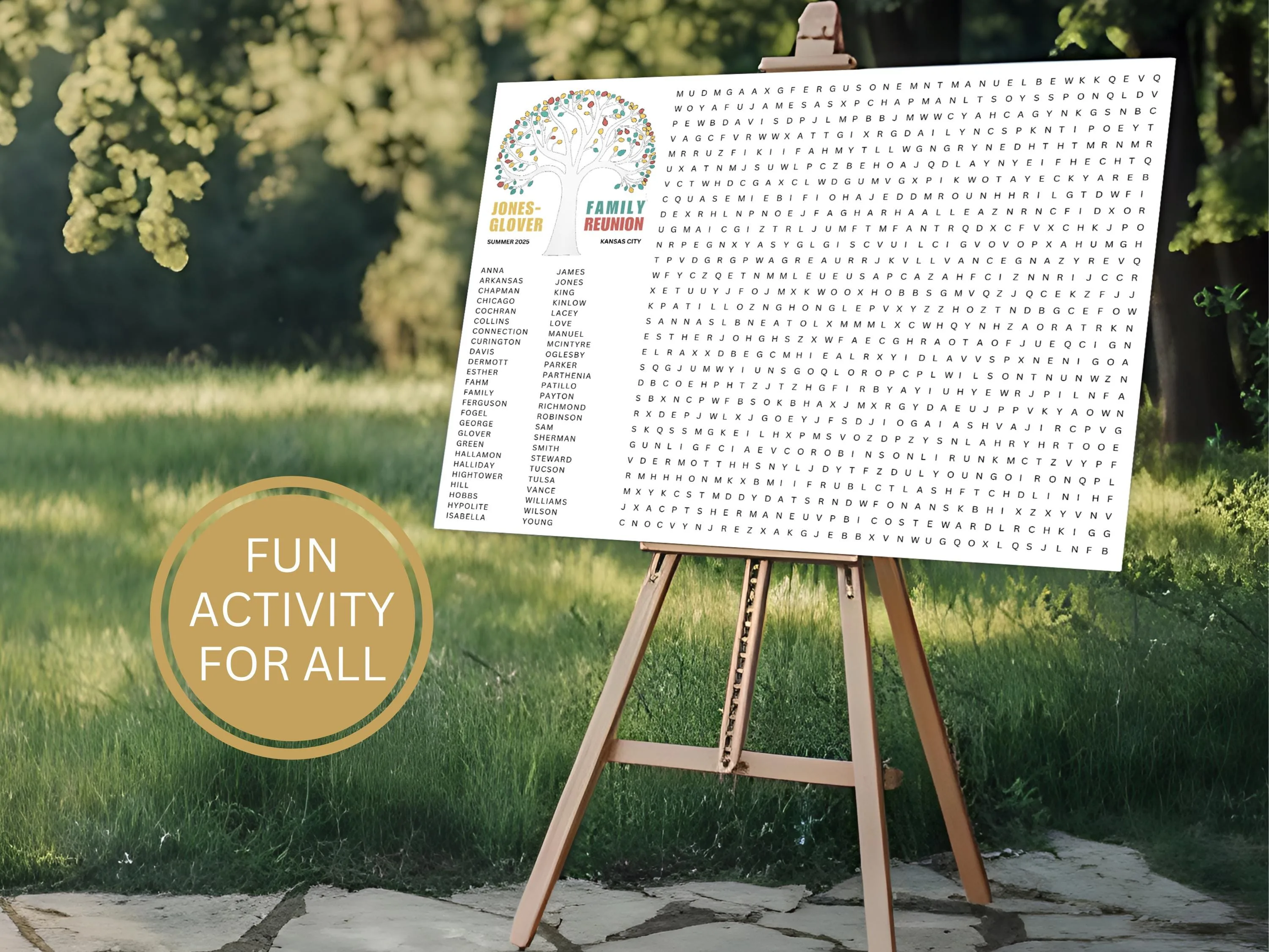 Custom family reunion word search puzzle on outdoor garden easel – giant personalized poster with colorful family tree design