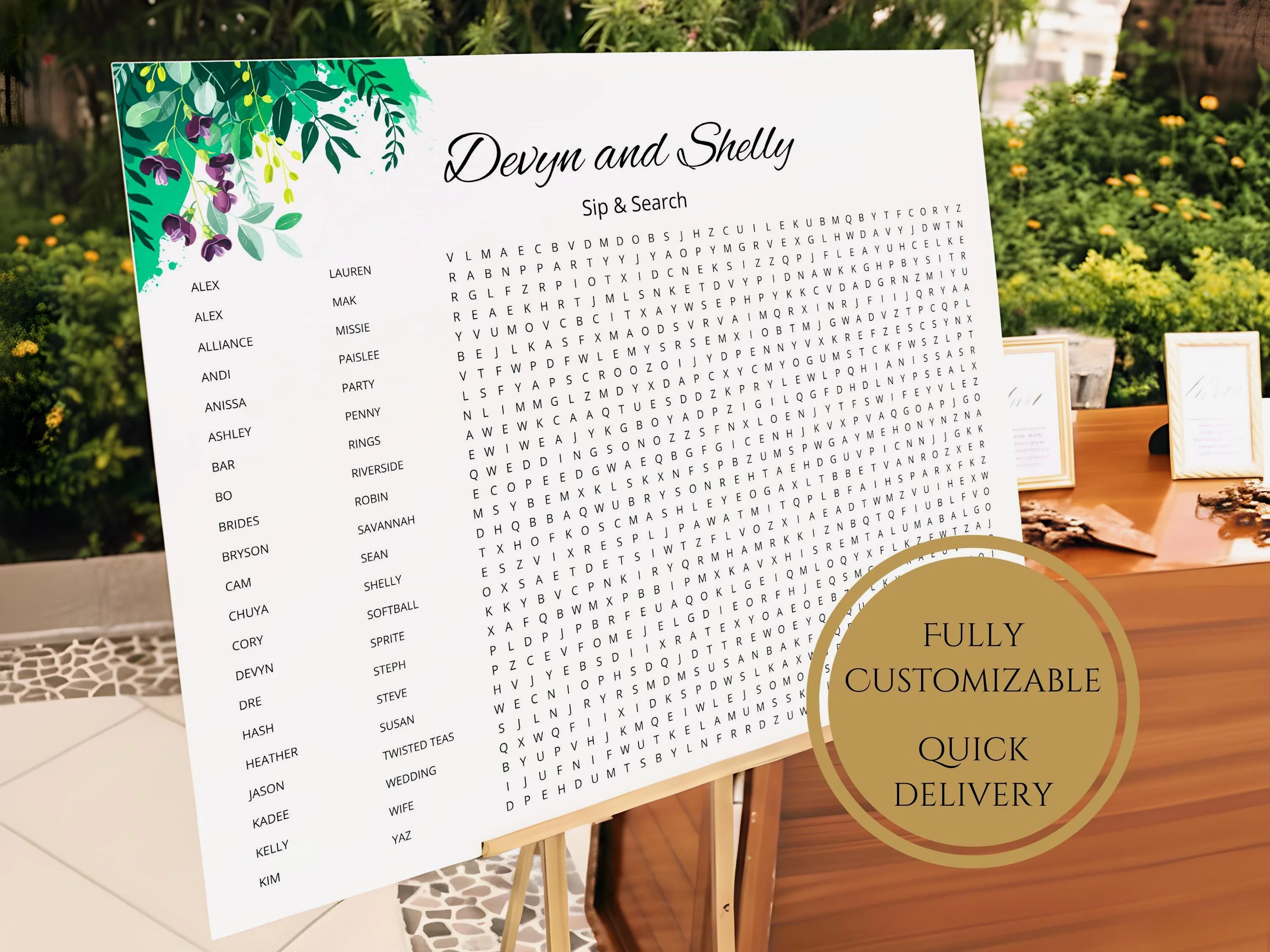 Floral custom wedding word search on outdoor easel – personalized Sip and Search bridal shower game with botanical header