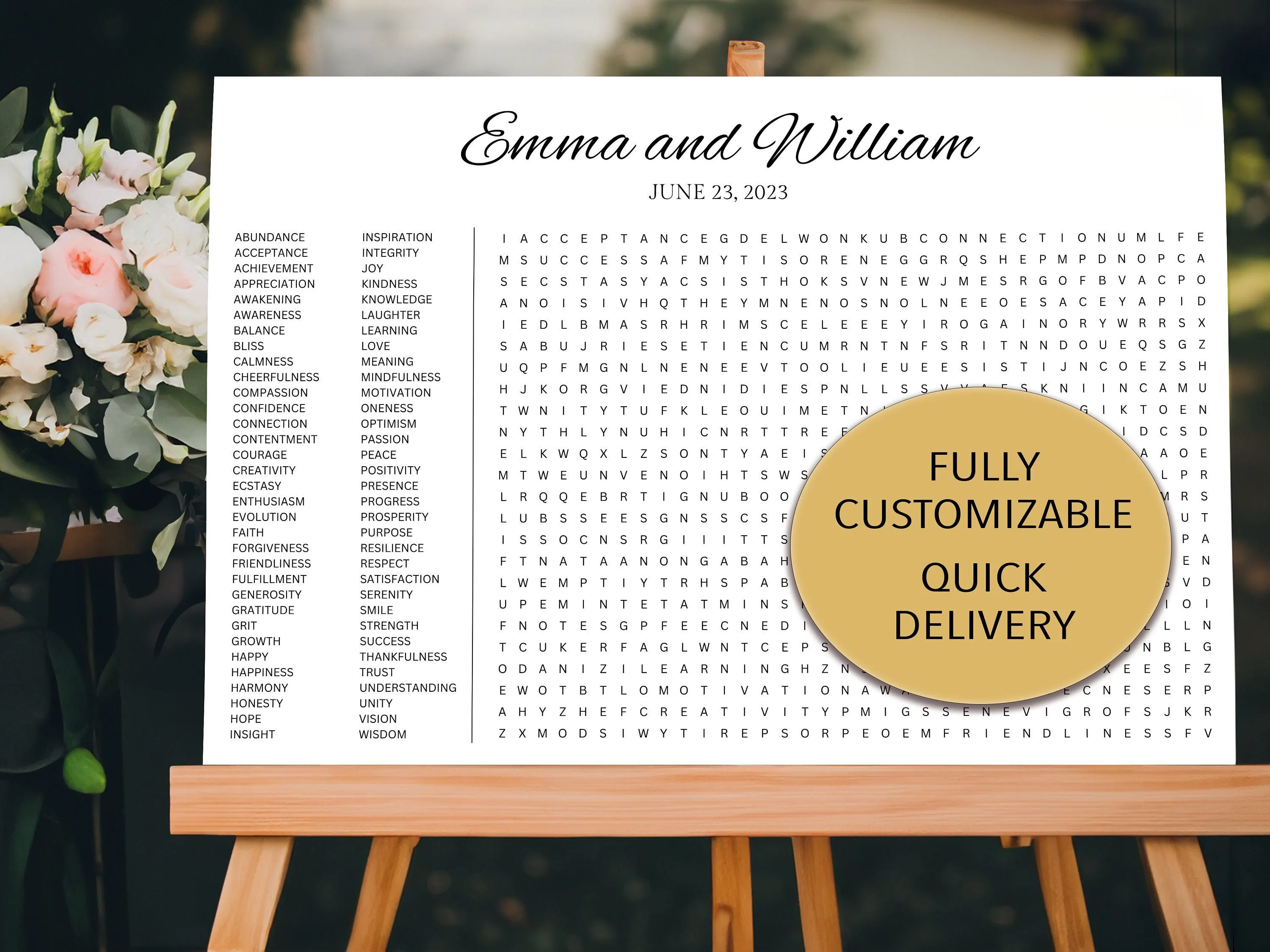 Giant custom wedding word search poster on wooden easel with pink florals – personalized reception party activity