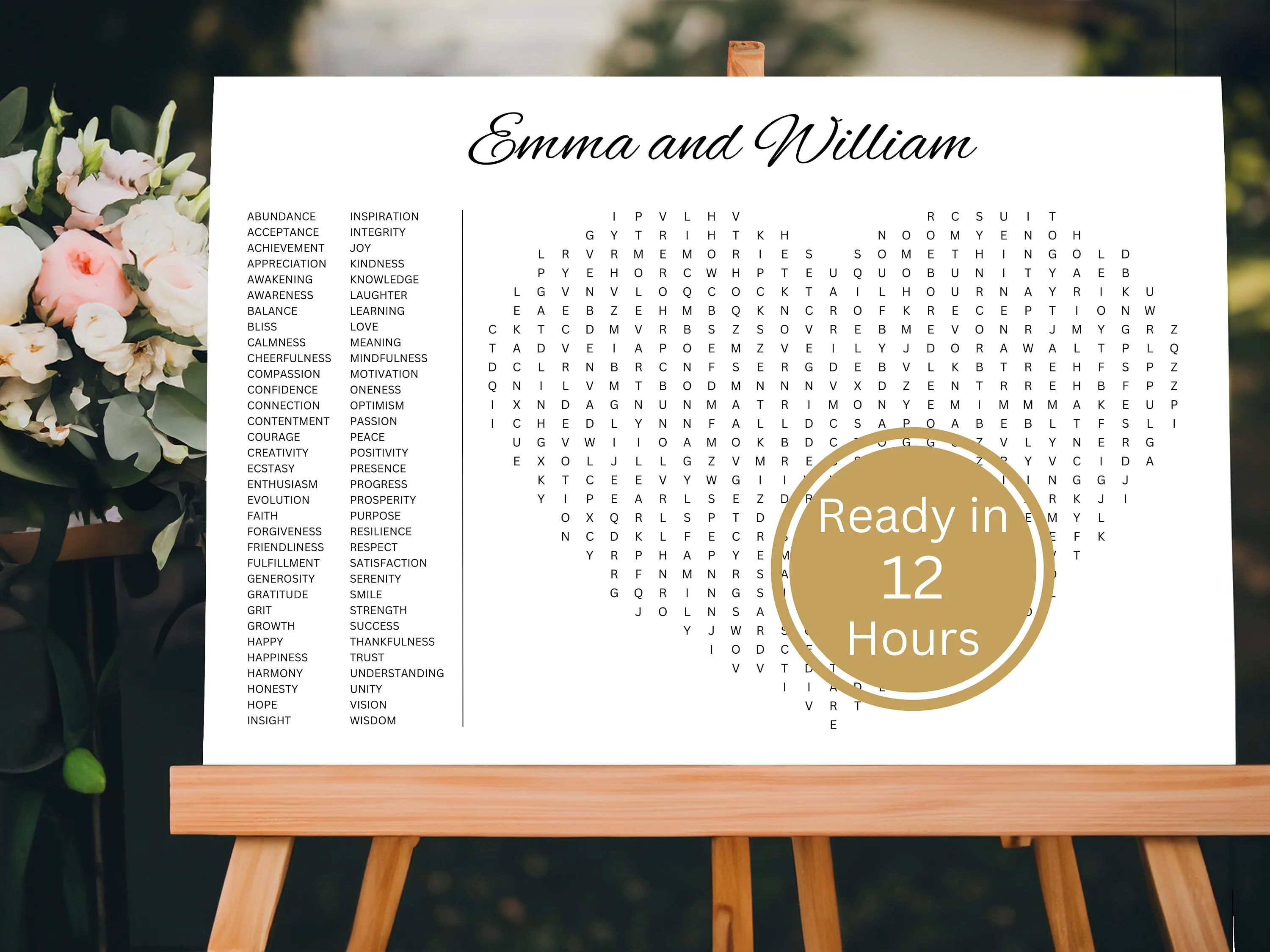 Personalized wedding word search on wooden easel with pink florals – custom dry-erase reception game ready in 12 hours
