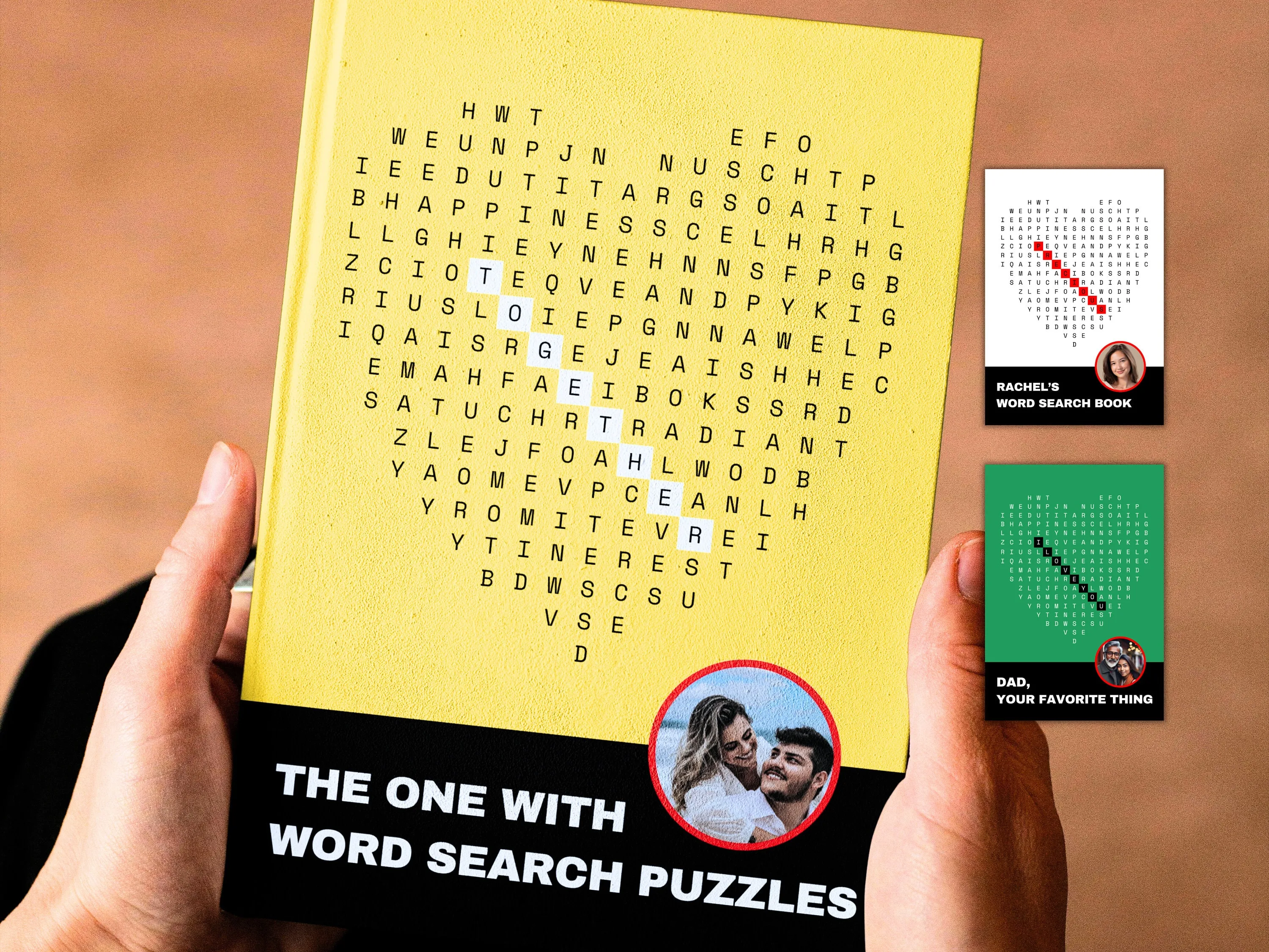 Hands holding yellow hardcover personalized couple's word search book with heart-shaped puzzle and romantic photo on cover