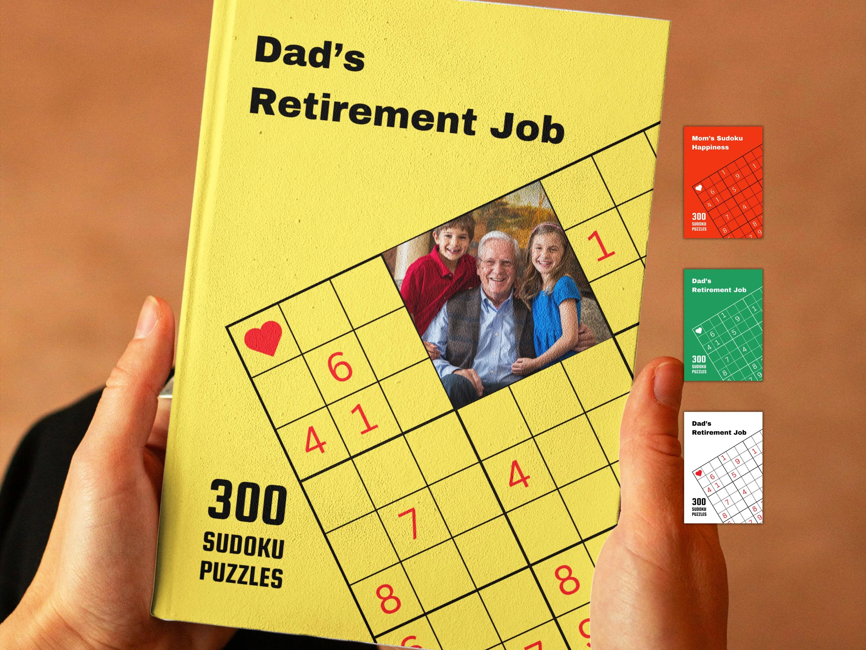 Hands holding white hardcover personalized grandparents sudoku puzzle book – Grandma's Sudoku Puzzles with family photo