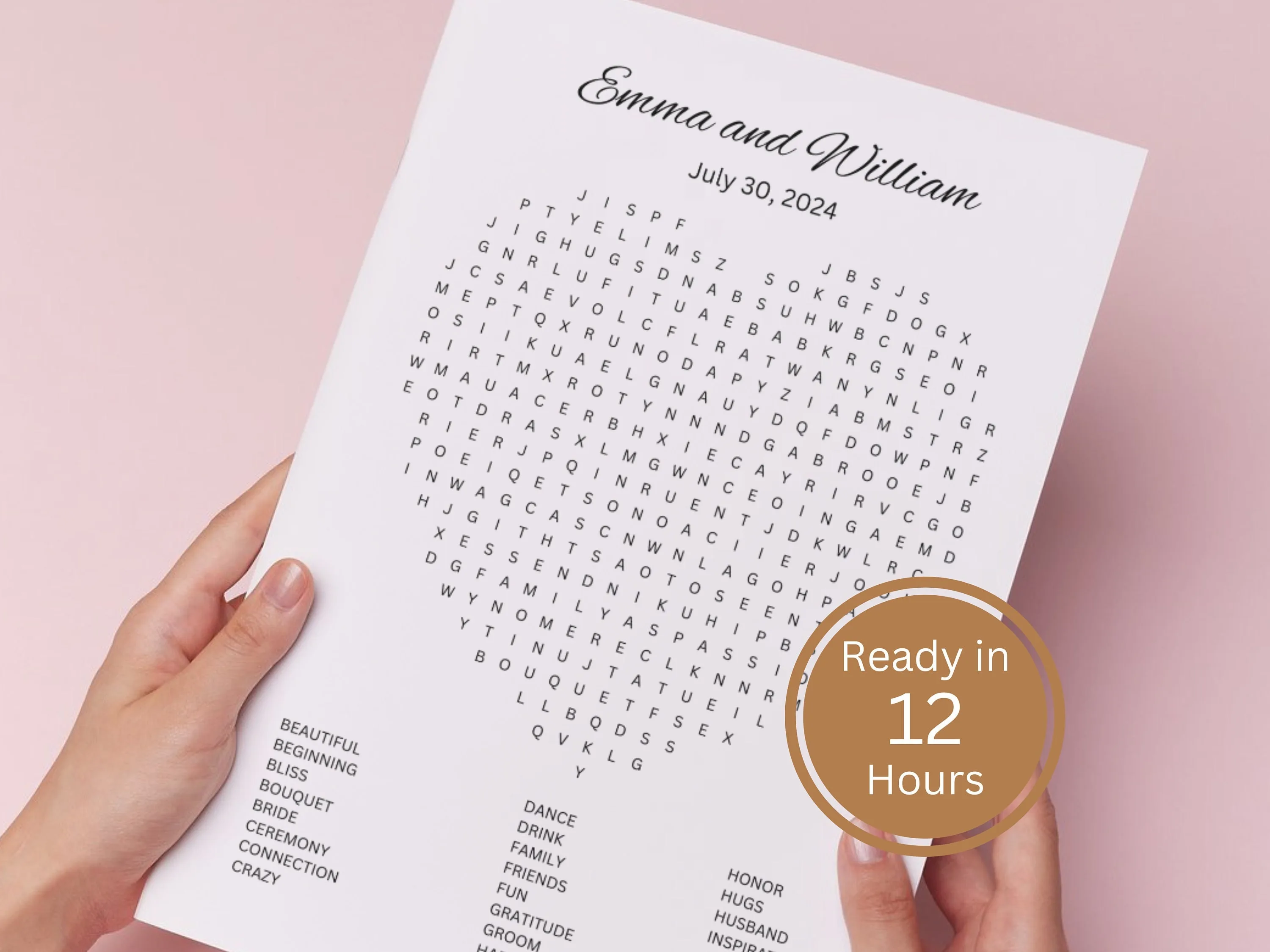 Printed heart-shaped wedding word search held against pink background – personalized digital download bridal shower game ready in 12 hours