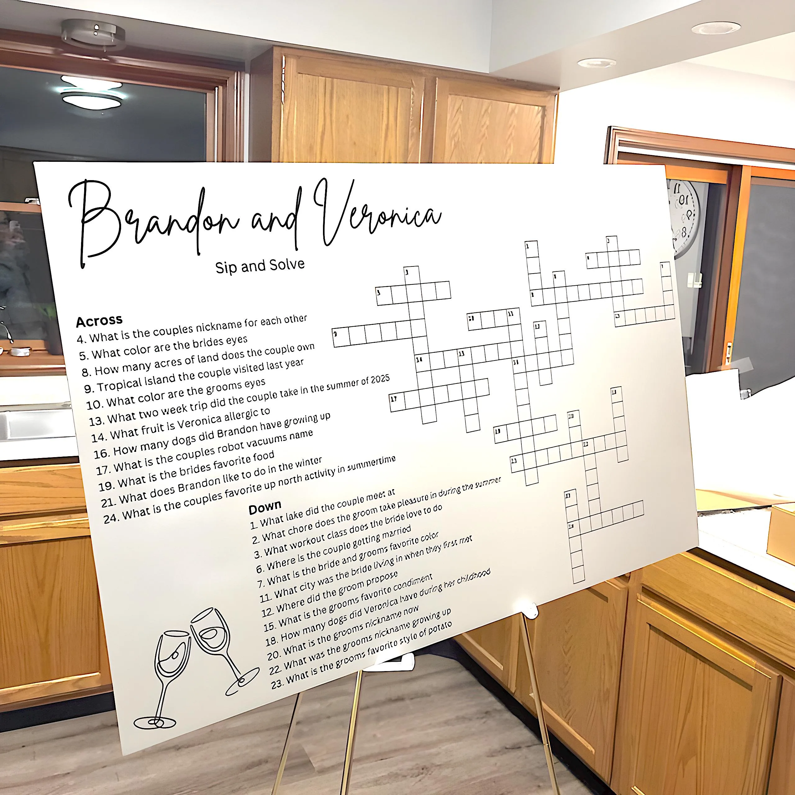 Custom wedding crossword puzzle on foam board easel – personalized Sip and Solve reception game for bride and groom