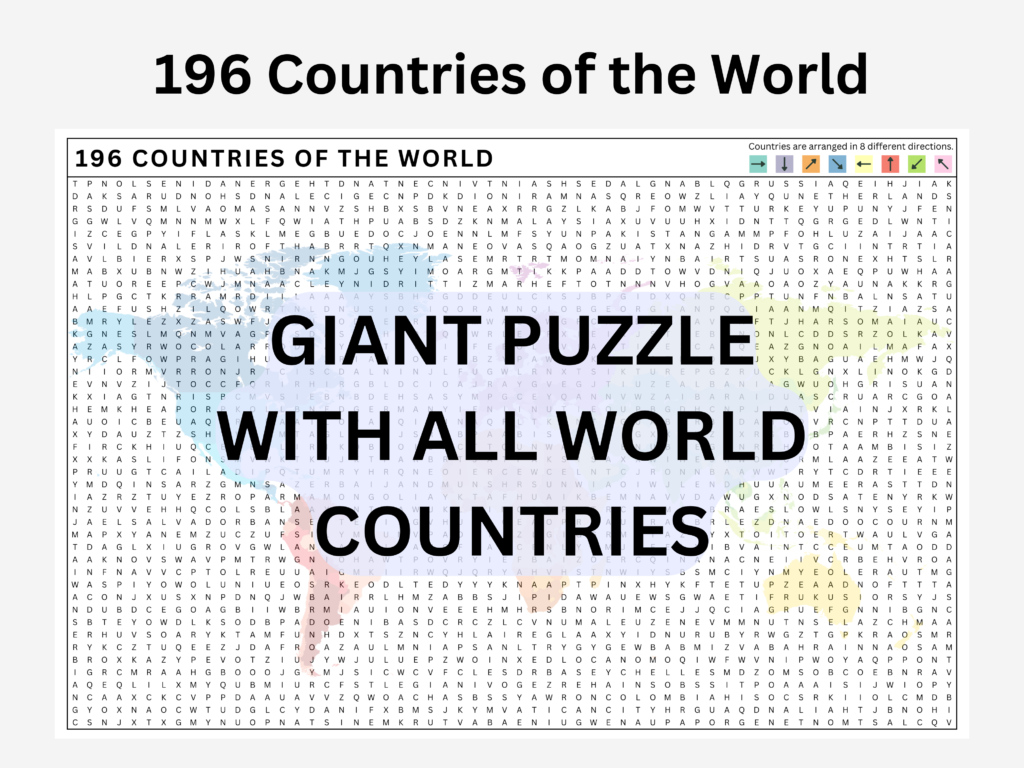 Giant Word Search Puzzle with ALL World Country Names. Printable Puzzle Poster. Homeschool Geography Activity. Classroom Fun Activity