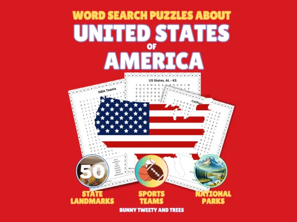 USA Word Search Puzzle for Kids, Adults and Seniors. Large Print. 50 State Landmarks, National Parks, Sport Teams