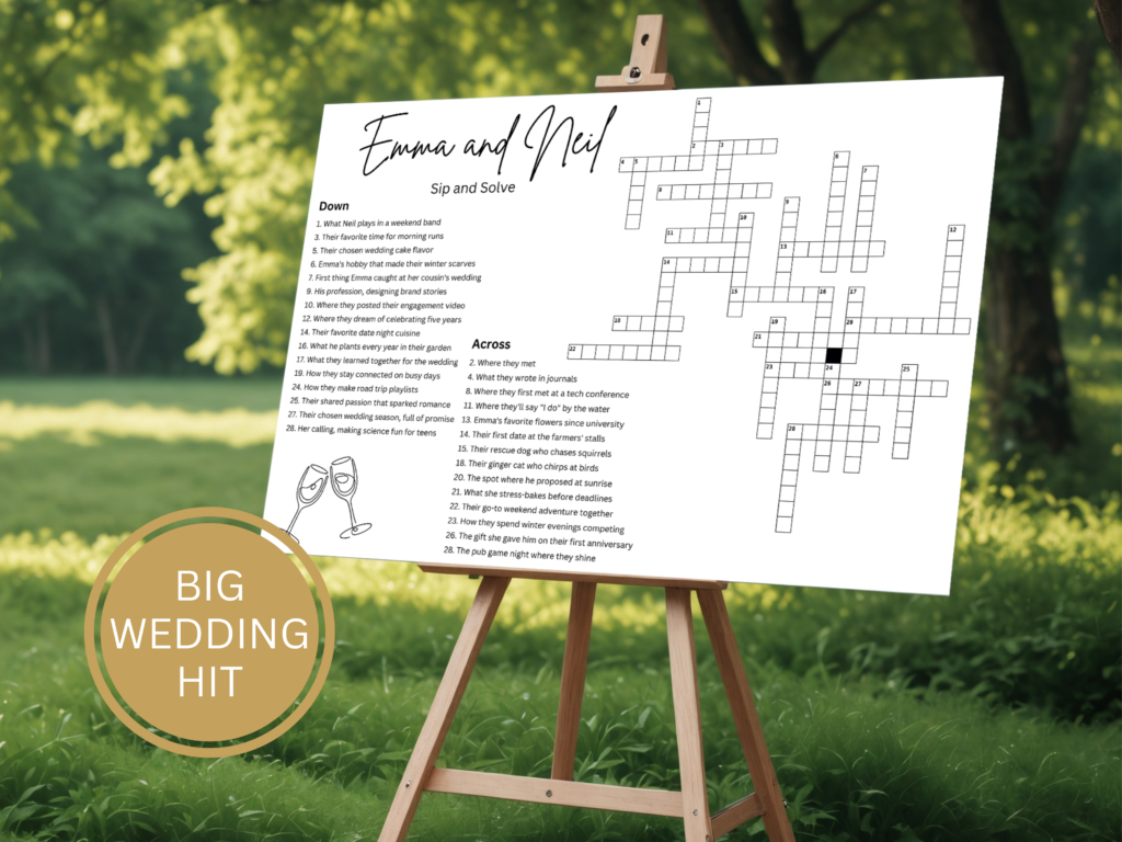 Wedding Crossword Puzzle. Custom Giant Crossword Puzzle Poster. Foam Board. Sip and Search. Wedding Reception Games. Sip and Solve