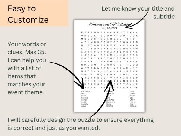 Custom Wedding Word Search Puzzle. Printable Fun Wedding Game. Personalized Sip and Search - Image 2