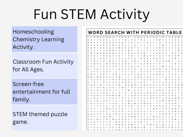 STEM Word Search Puzzle. Chemistry Puzzle. Periodic Table Elements Word Search. STEM Activity. Classroom, Homeschooling Science Activity.