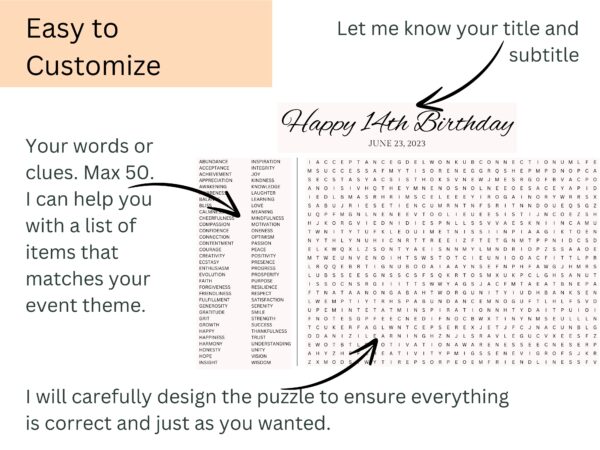 Personalized Birthday Games, Custom Birthday Games, Giant Word Search Puzzle, Birthday Party Activity, Birthday Gifts, Baby Shower Activity