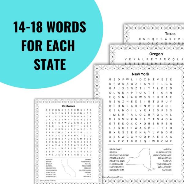 USA Word Search Puzzle for Kids, Adults and Seniors. Large Print. 50 State Landmarks, National Parks, Sport Teams