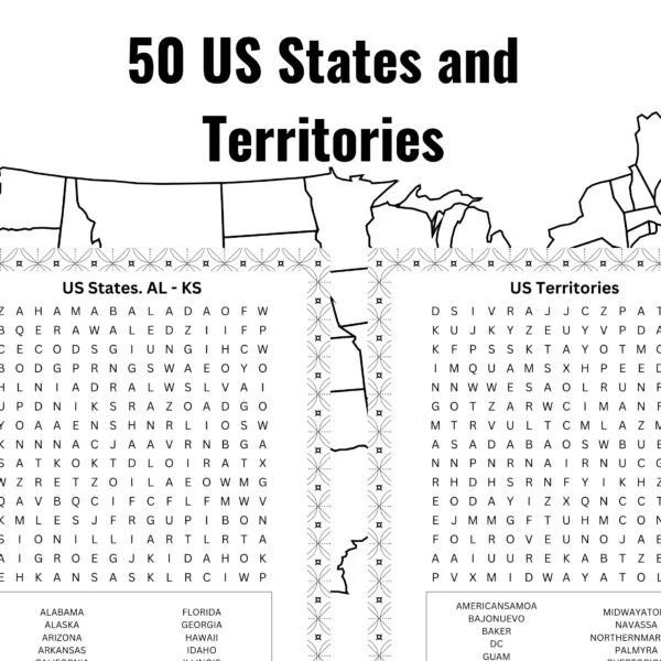 USA Word Search Puzzle for Kids, Adults and Seniors. Large Print. 50 State Landmarks, National Parks, Sport Teams