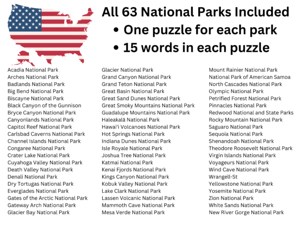 National Parks Word Search Puzzles. Printable Road Trip worksheet, Travel, Camping Fun Activity for Kids and Adults. Homeschooling Geography Learning - Image 3